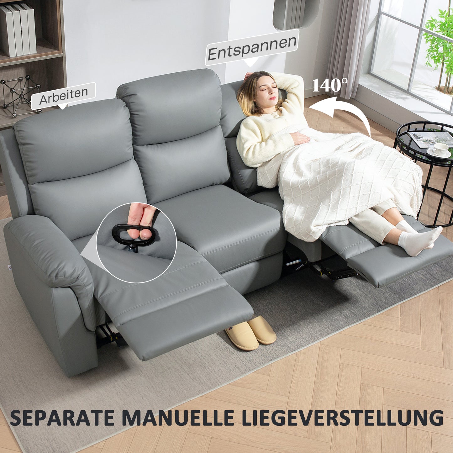HOMCOM 3-Sitzer-Sofa, linker und rechter Sitz zurücklehnbar, anpassbare Fußstütze, Kunstlederbezug, für Wohnzimmer, Dunkelgrau