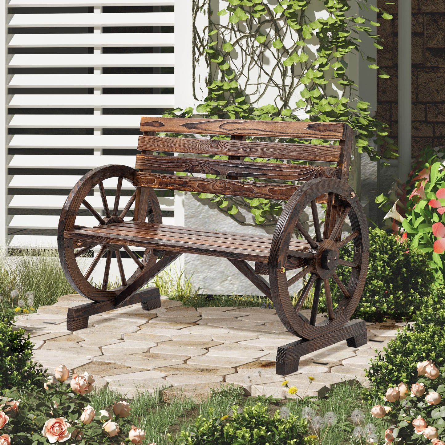 Outsunny Gartenbank, Wagenrad-Design, für 2 Personen, Naturholz, dunkelbraun, 105,5 x 56 x 79cm