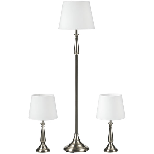 HOMCOM 3-teiliges Lampenset im Vintage-Design, 2 Tischleuchten, 1 Stehleuchte, 35,5 cm x 35,5 cm x 146 cm, Silber + Weiß