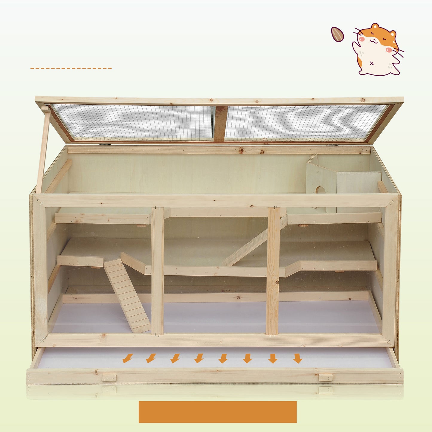 PawHut Hamsterkäfig aus Holz 3 Etagen Nagerkäfig mit reinigbar Ablage Kleintierkäfig mit klappbarem Deckel Treppen Holzkäfig Käfig für Hamster Zwerghamster 115 x 57 x 55 cm Naturholz
