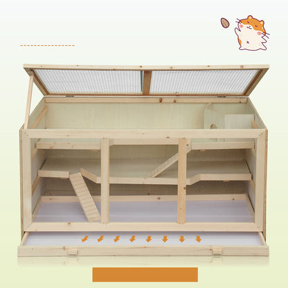 PawHut Hamsterkäfig aus Holz 3 Etagen Nagerkäfig mit reinigbar Ablage Kleintierkäfig mit klappbarem Deckel Treppen Holzkäfig Käfig für Hamster Zwerghamster 115 x 57 x 55 cm Naturholz