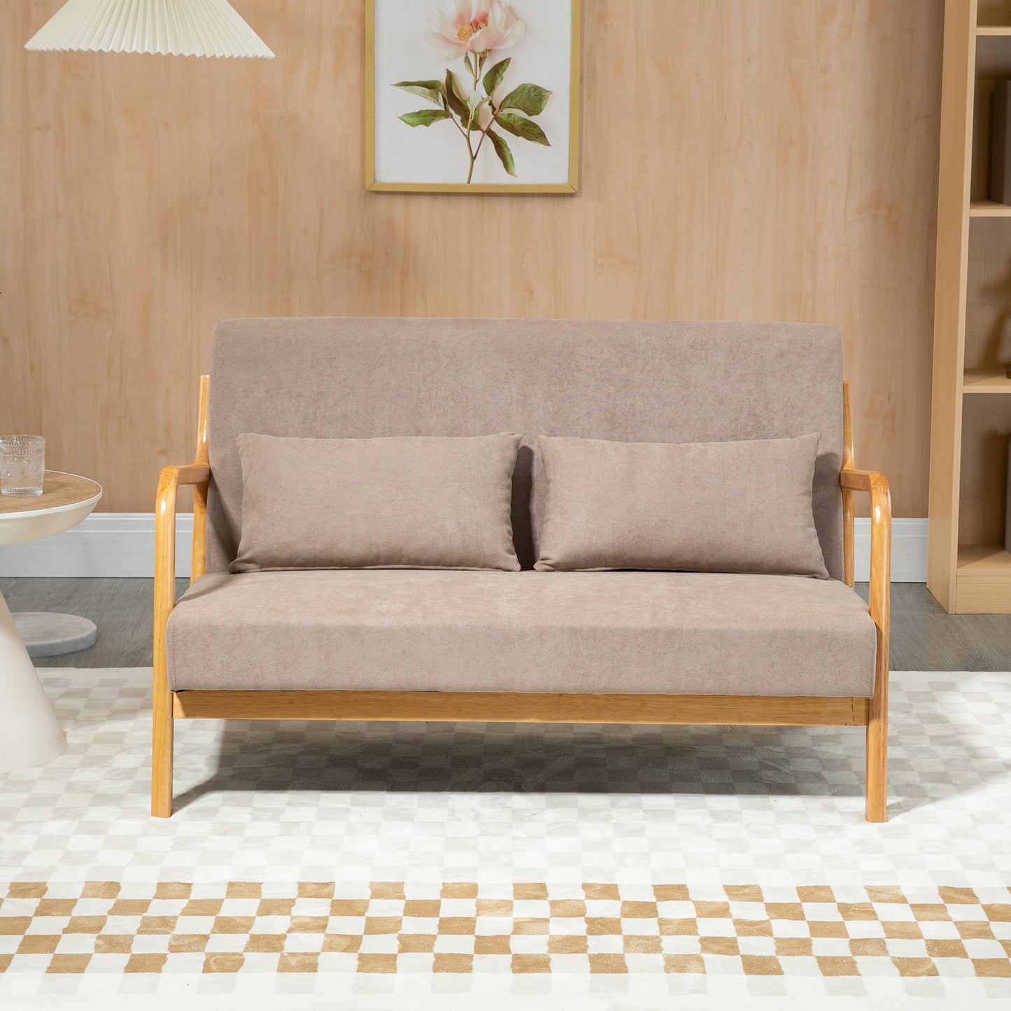 HOMCOM 2-er Sofa, 2-Sitzer, kleines Sofa, Retrodesign, 2 Kissen, Kautschukholz, Braun + Natur