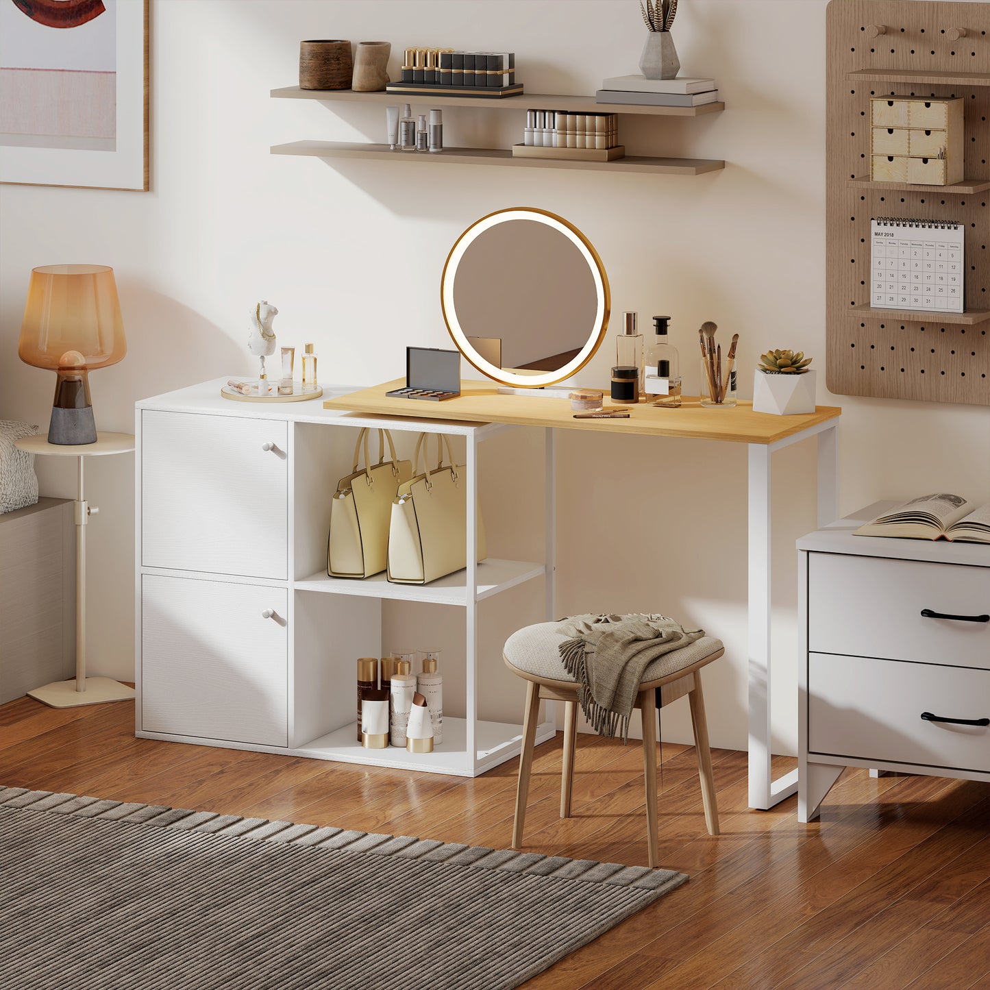HOMCOM Schreibtisch L-förmig, 360° drehbarer Eckschreibtisch mit 2 Lagerschränken, 2 offenen Regalen, Computertisch für kleine Räume, Arbeitszimmer, Wohnzimmer, 150x40x75 cm, Weiß