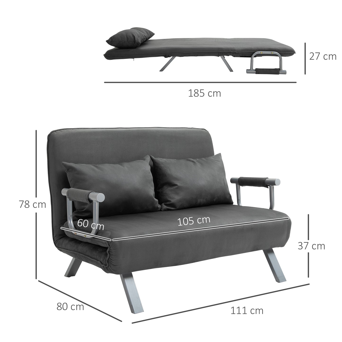 HOMCOM Schlafsofa Schlafcouch mit Verstellbarer Rückenlehne, Wurfkissen, Sofa mit Schlaffunktion, Samtoptik, Armlehne, Gästebett, Klappsessel für Wohnzimmer, Schlafzimmer, Grau