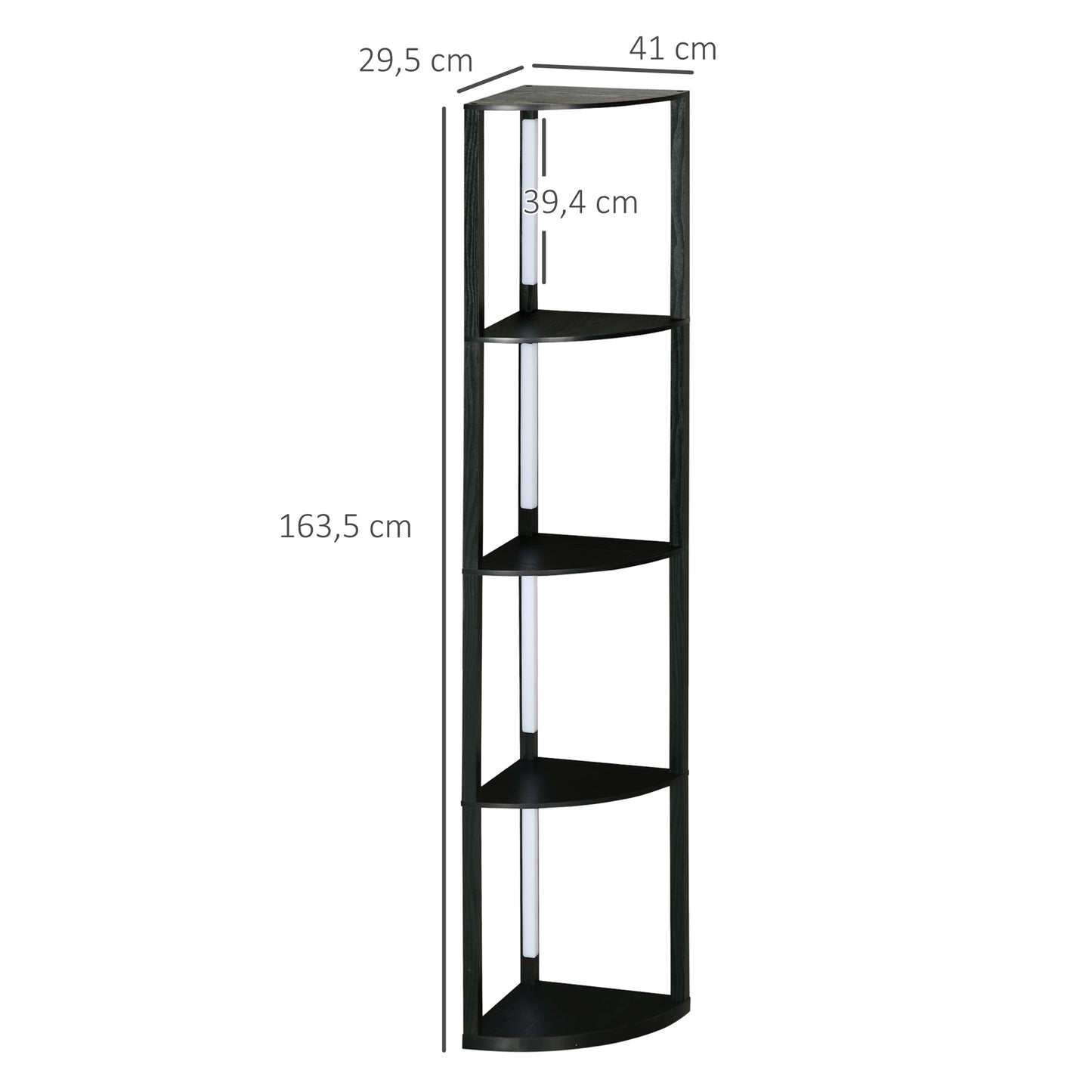 HOMCOM LED Standleuchte, Eckregal, dimmbar, 4 Ablagen, warmweißes Licht, 41x30x164cm, Schwarz
