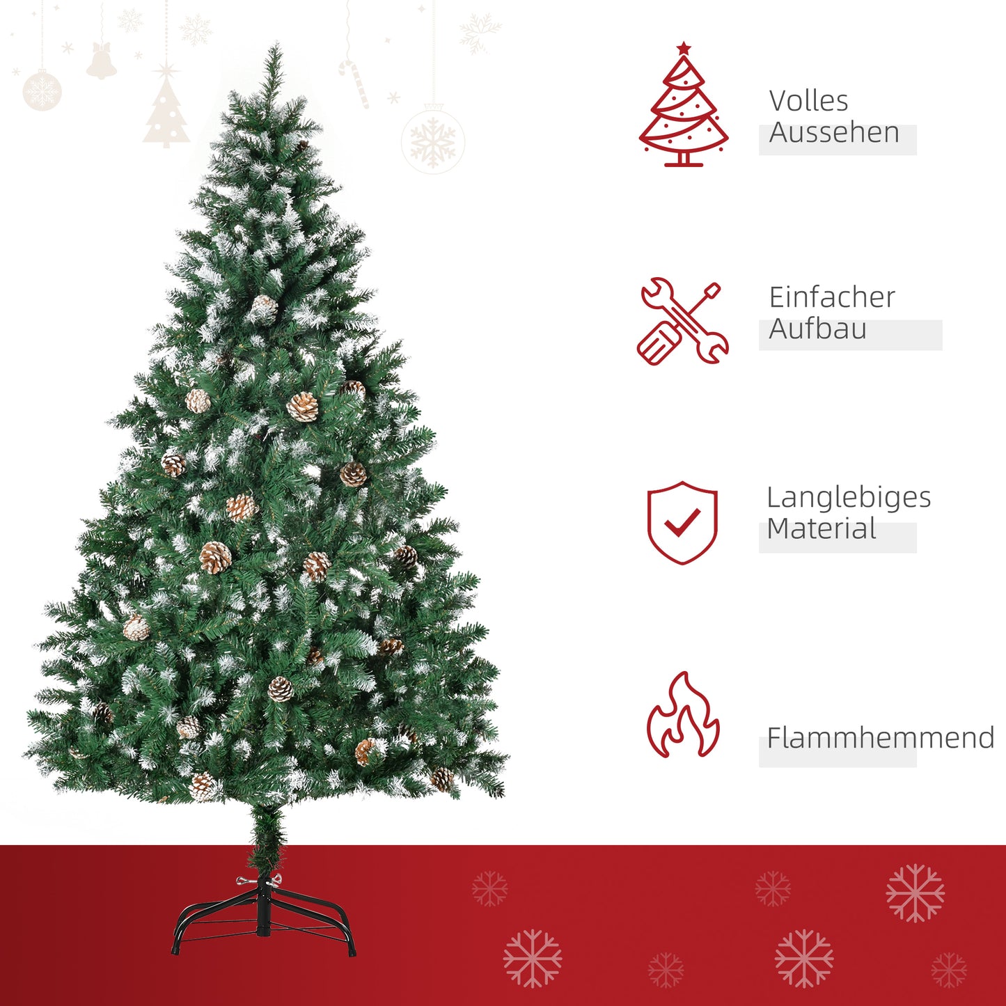HOMCOM Künstlicher Weihnachtsbaum 180 cm Kieferbaum künstlich mit 59 Zapfen, Schnee, 1111 Spitzen für drinnen