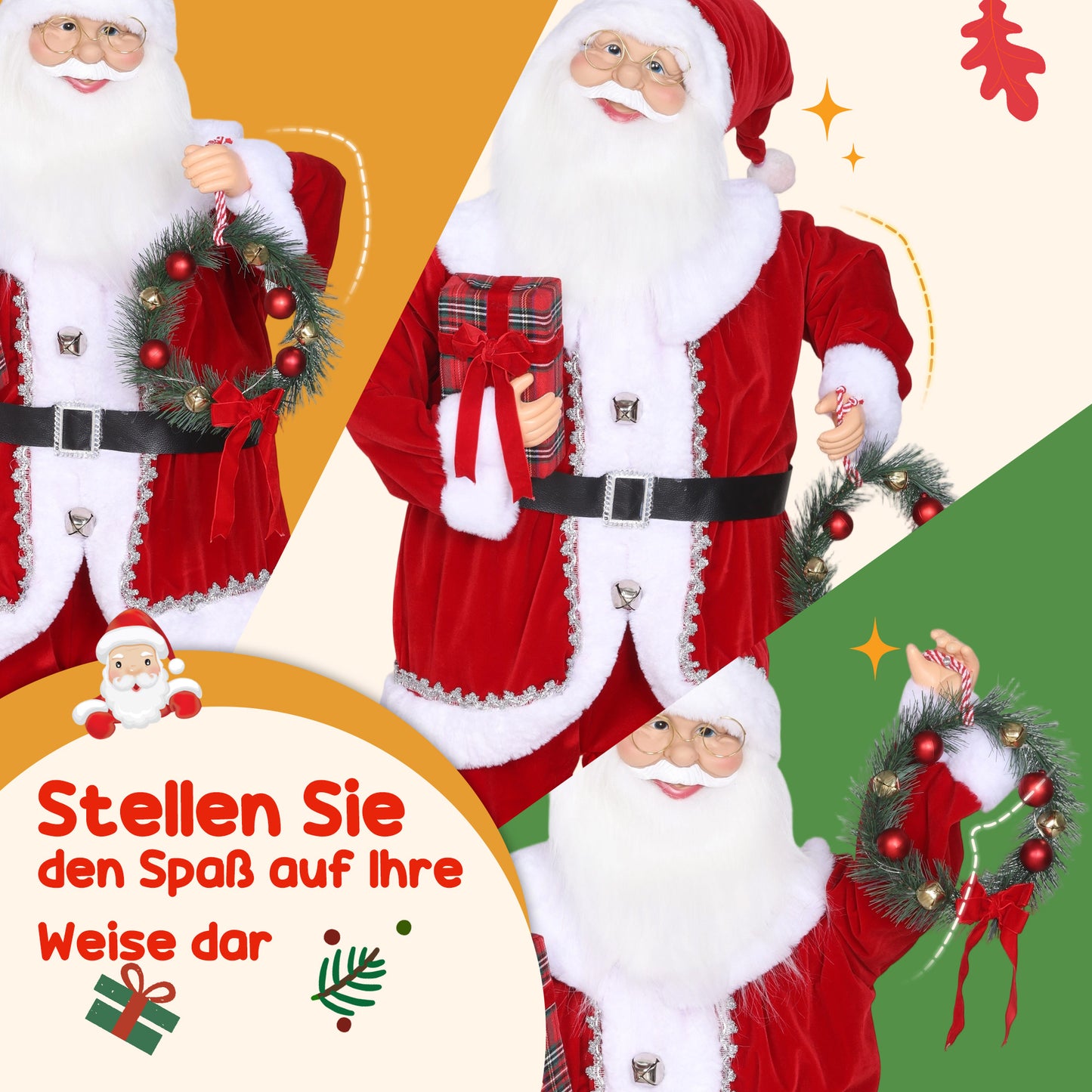 HOMCOM Weihnachtsmann, Weihnachts-Dekoration, 120 cm, biegsame Arme, mit Geschenk & Weihnachtskranz, Geräuschaktivierung, Rot