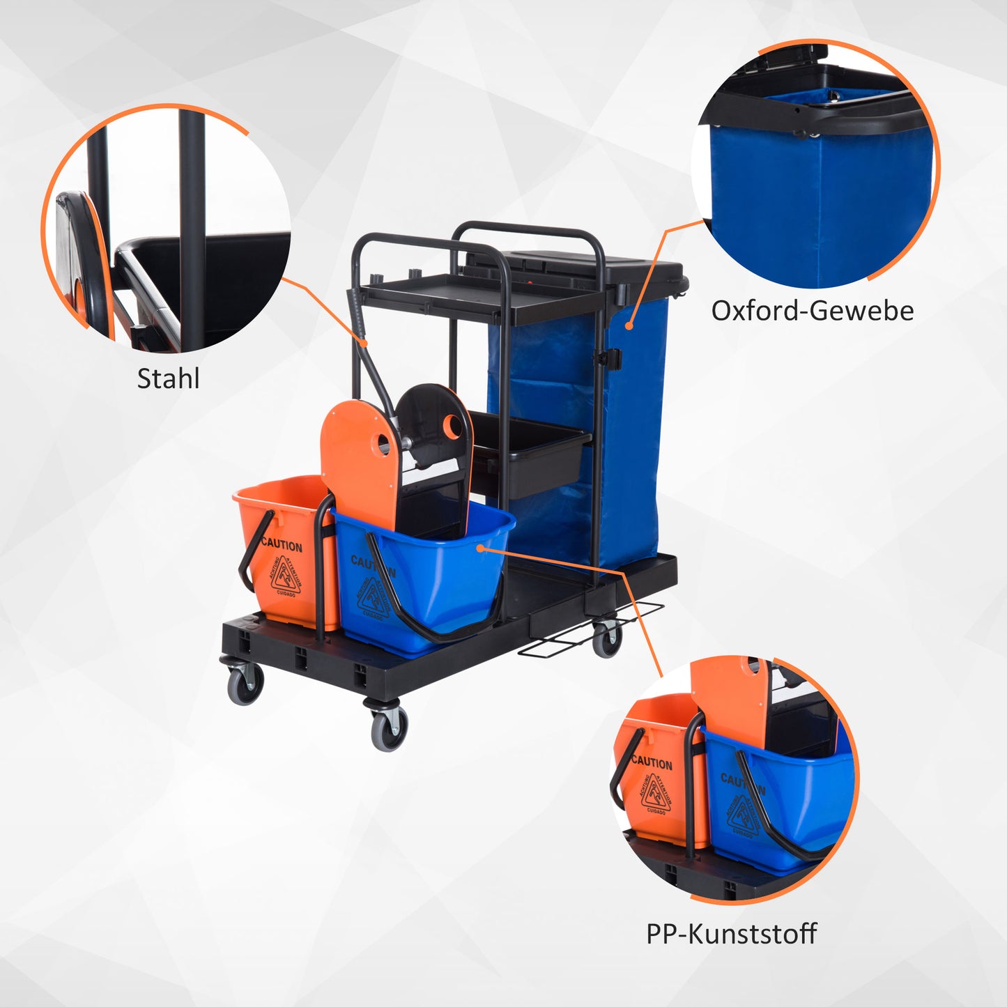 HOMCOM Putzwagen Reinigungswagen Wischwagen Systemwagen mit 4 leichtgängigen Rollen Schwarz+Blau+Orange 111 × 63,3 × 103 cm