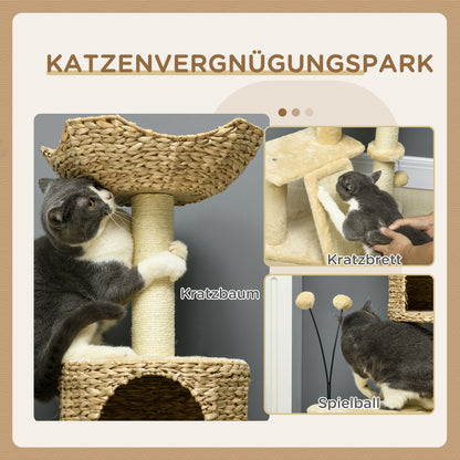 PawHut Kratzbaum mit Katzenhöhle, Liegeplattform, Spielball, 45x40x116cm, Braun/Beige