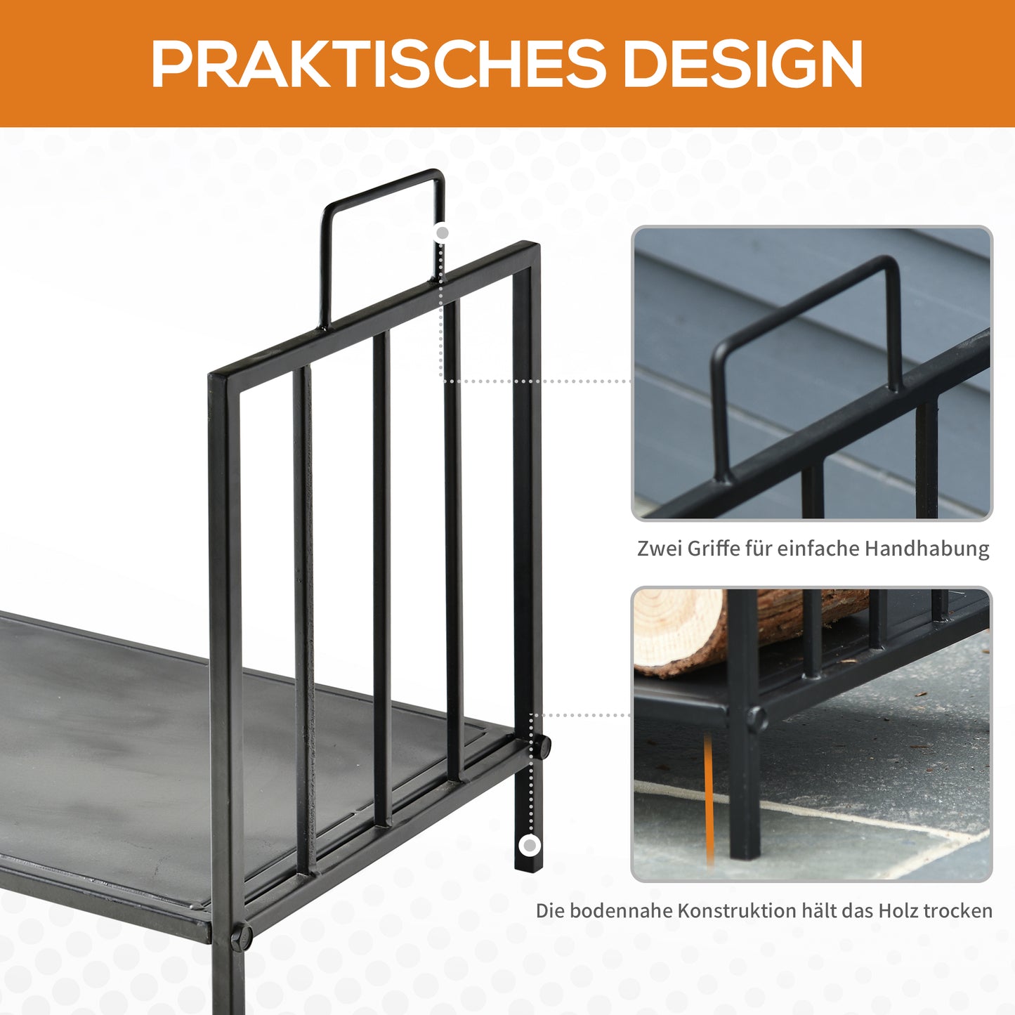 Outsunny Kaminholzregal för inomhus 44,5 x 33 x 46,5cm Brennholzregal mit Griffe für Feuerholz, Brennholz Metall Schwarz
