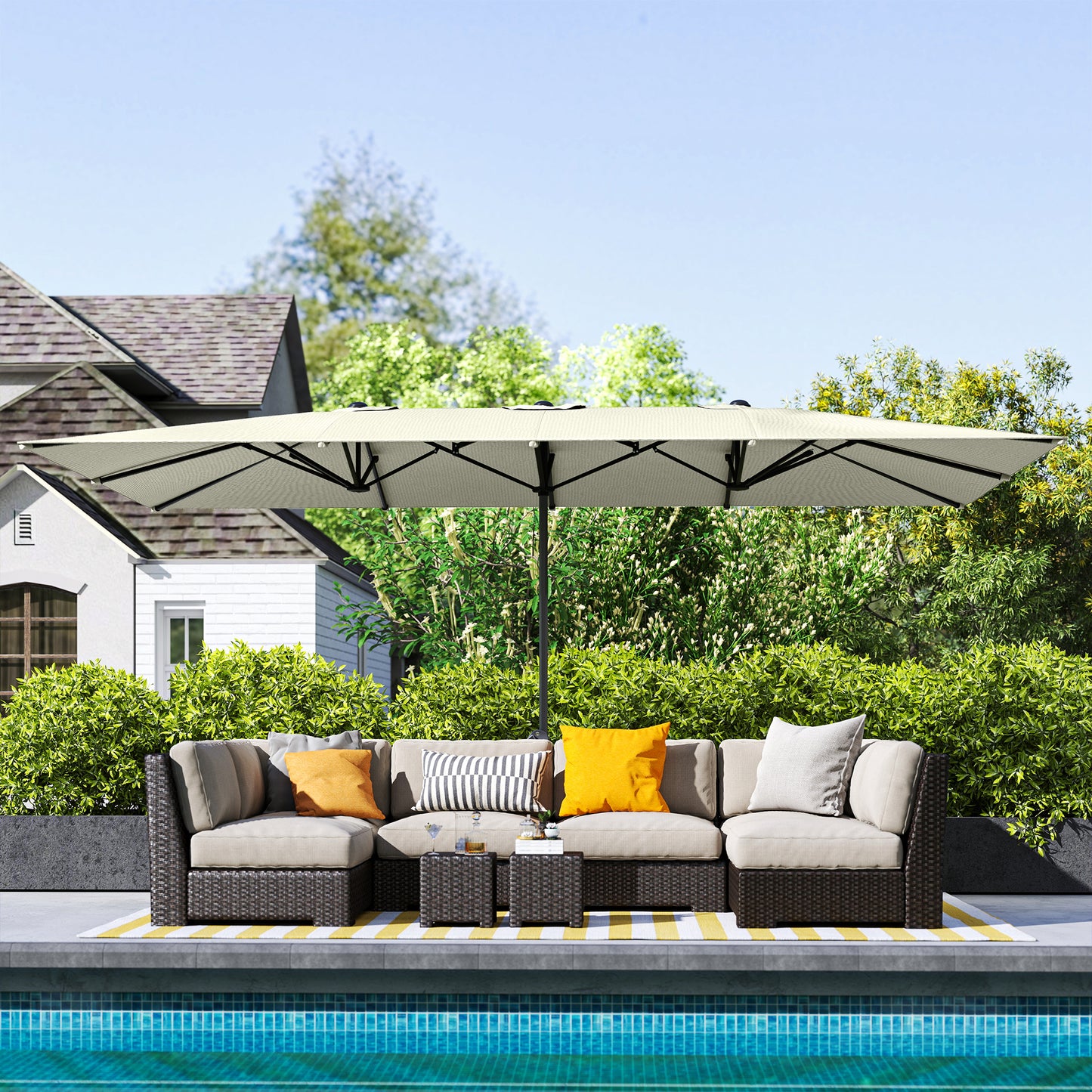 Outsunny Doppelseitiger Schirm, 451 x 264 cm Sonnenschirm mit Kurbelsystem, 12 Metallstreben, Aluminiummast, Cremeweiß