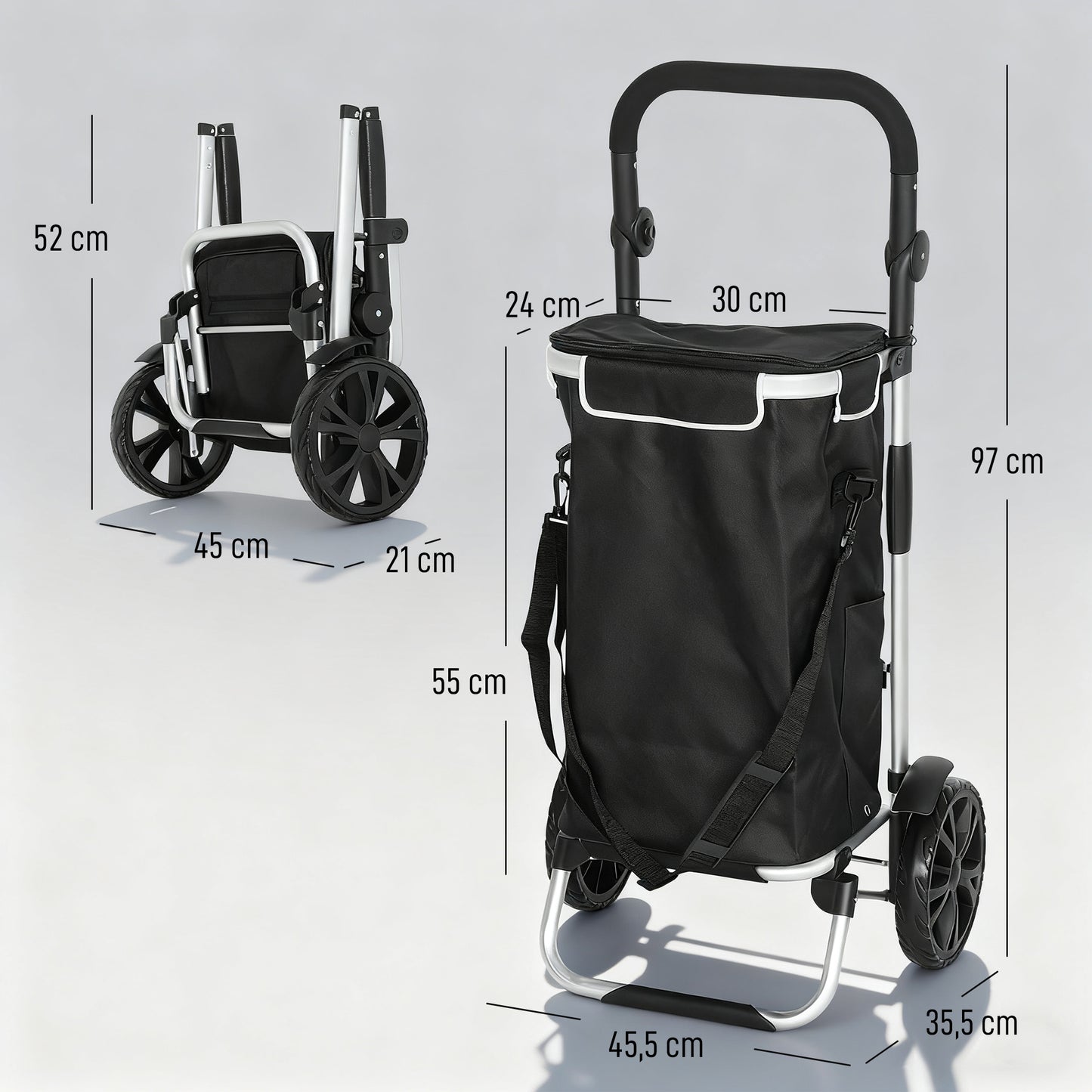 HOMCOM 3-in-1 Einkaufstrolley klappbar mit 40L Kapazität belastbar Trolley bis 25kg mit Kühlfach Schwarz