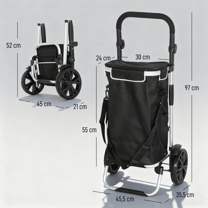 HOMCOM 3-in-1 Einkaufstrolley klappbar mit 40L Kapazität belastbar Trolley bis 25kg mit Kühlfach Schwarz