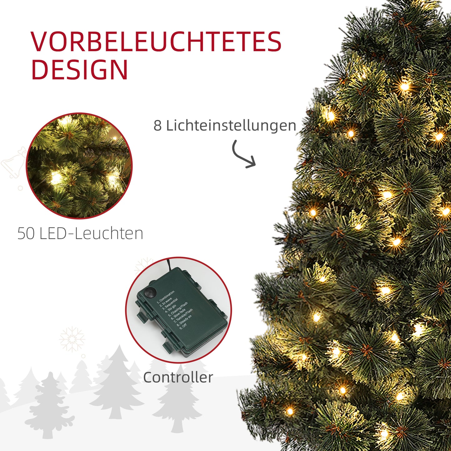 HOMCOM Weihnachtsbaum, naturgetreue Erscheinung, integrierte LEDs, dimmbar, 8 Modi, 45 x 90 cm, Grün
