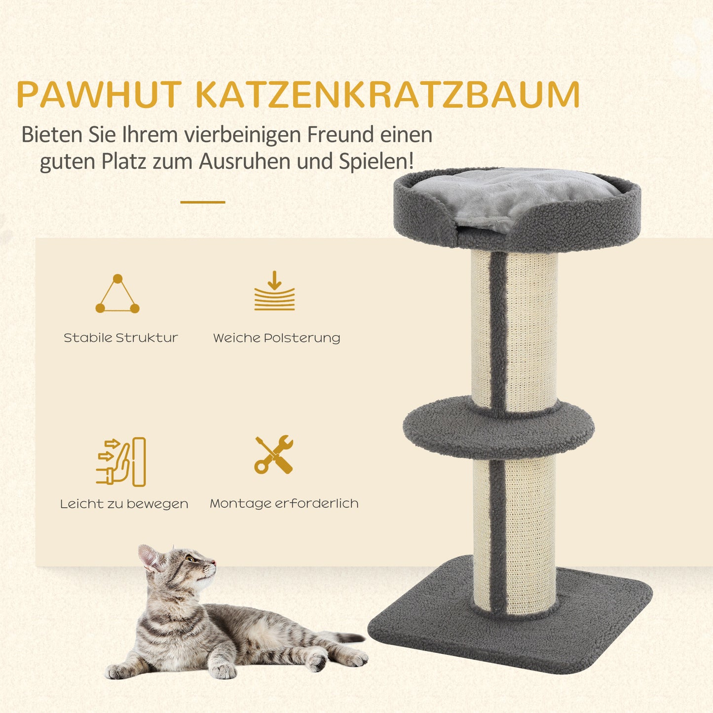 PawHut Kratzbaum 91 cm Katzenturm mit Sisalstämme, Plattform, Kissen mehrstöckiger Katzenkratzbaum, Kletterbaum, für mittelgroße Katzen, Grau
