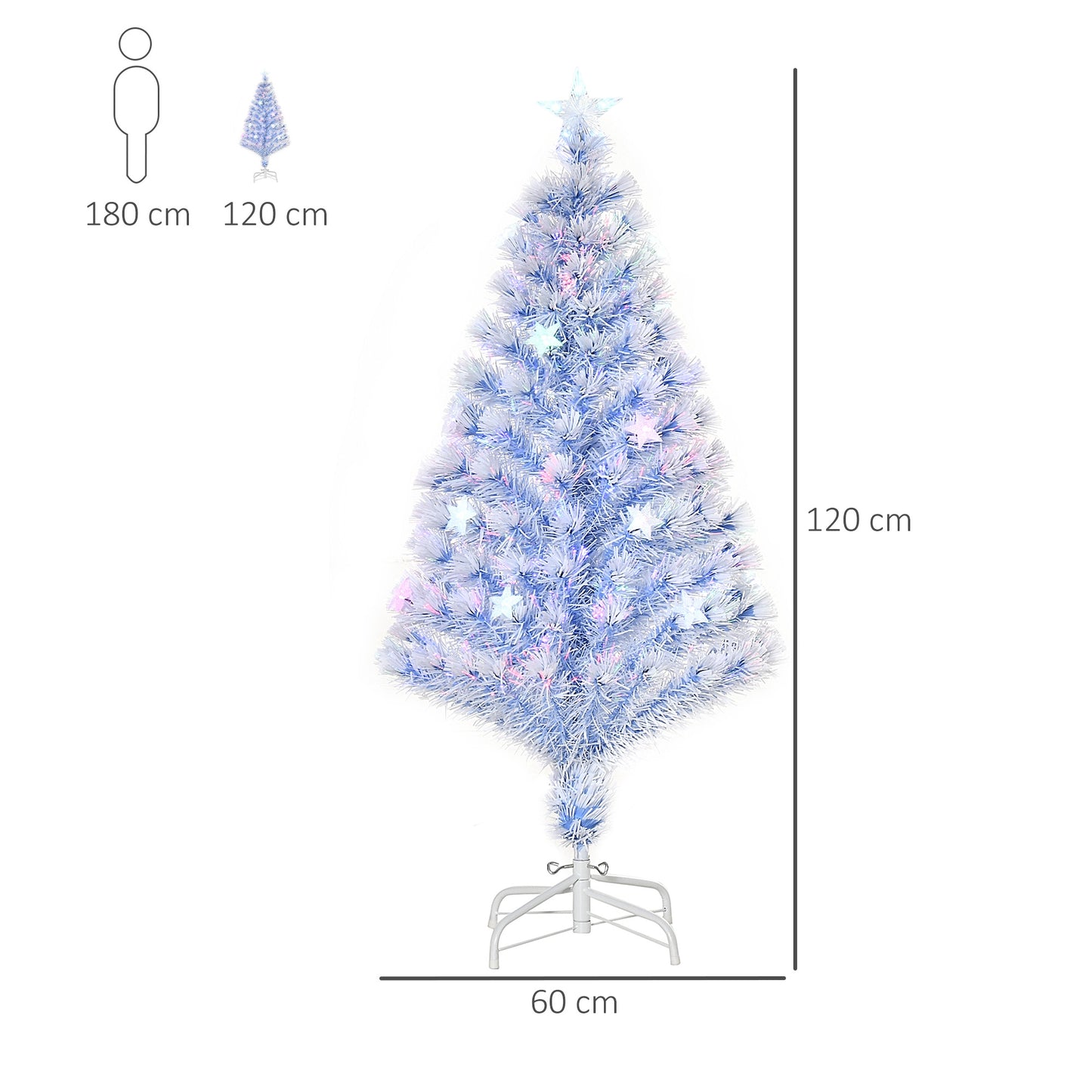 HOMCOM künstlicher Weihnachtsbaum mit 3 LED-Leuchten Christbaum Tannenbaum PVC Metall Weiß+Blau Ø60 x 120H cm