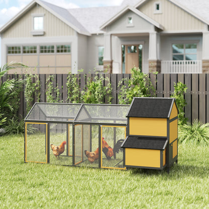 PawHut Hühnerstall Kleintierstall 2 Außengehege, 1 Nistkasten, 2 Rampen, Asphaltdach, wetterbeständig, Gelb