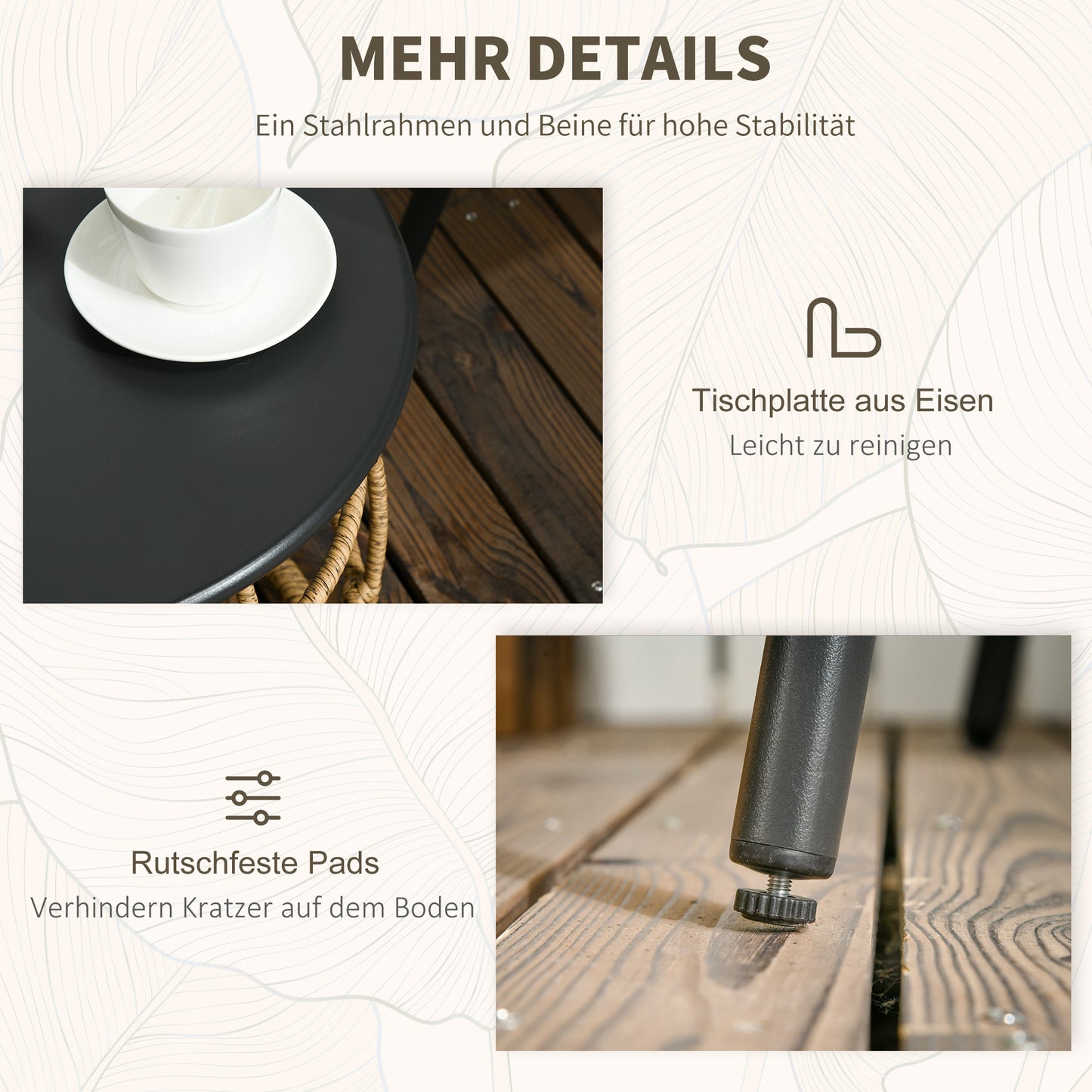 Outsunny 3-teiliges Bistro-Set, wetterbeständig, 1 Beistelltisch, 2 Stühle, 62 cm x 65 cm x 78 cm, Sand+Dunkelgrau