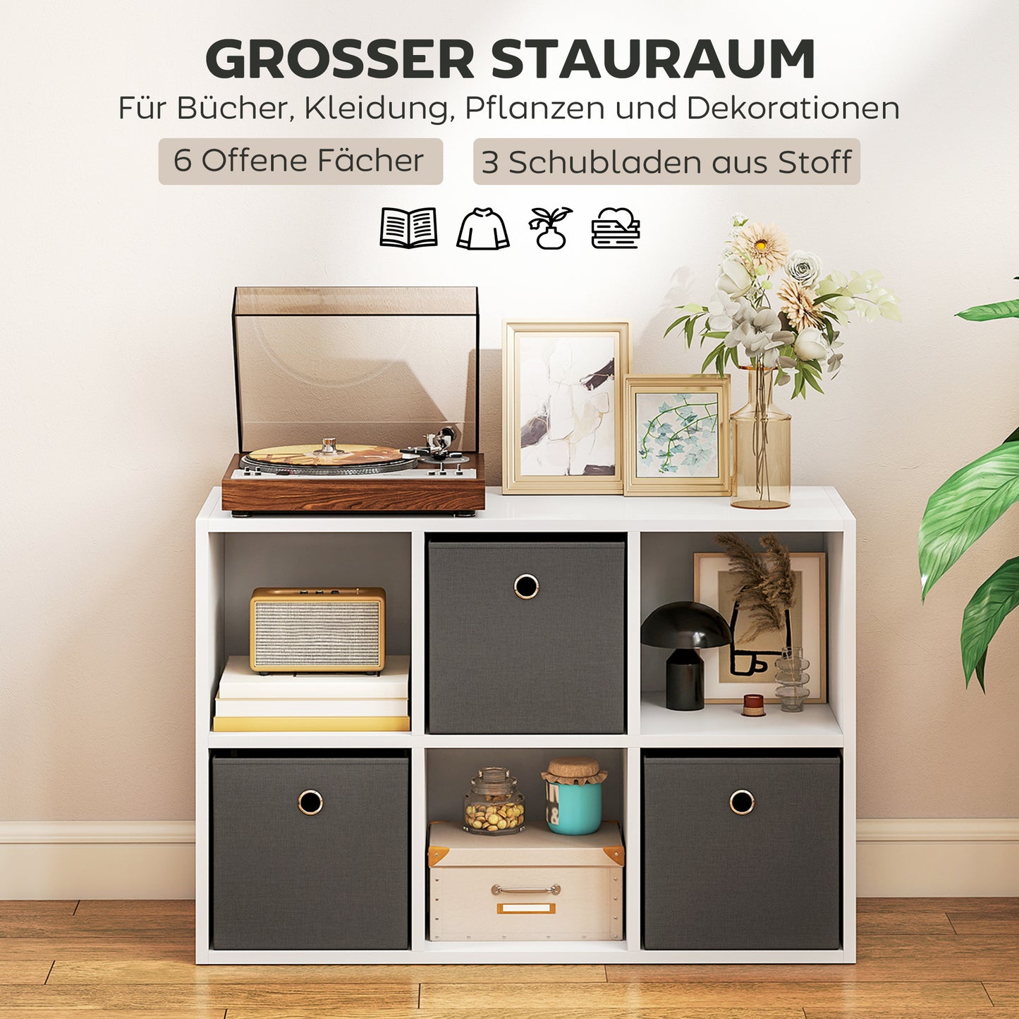 HOMCOM Regal mit 6 Fächern und 3 Stoffschubladen, Aufbewahrungsregal, vielseitig, Grau