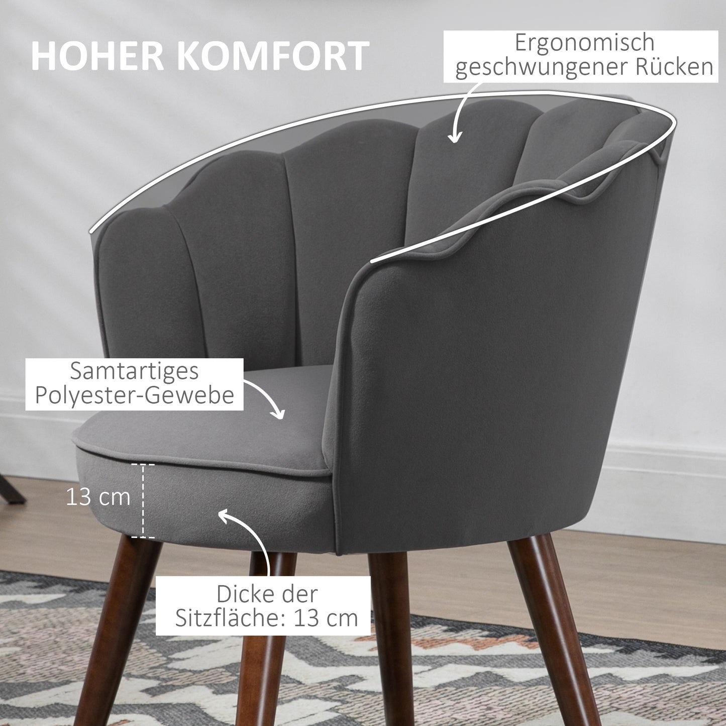 HOMCOM Sessel Wohnzimmer Loungesessel in Muschelform Relaxsessel mit Holzbeine, Polstersessel Lesesessel mit Samtoptik, Polsterstuhl für Schlafzimmer Dunkelgrau