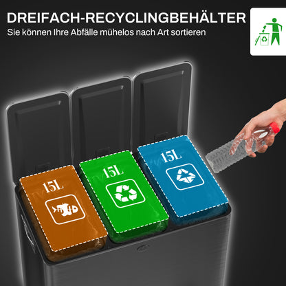 HOMCOM Mülleimer mit 3 x 15L Fächern, Deodorant-Deckel, fingerabdrucksicher, Soft-Close, herausnehmbar, Schwarz
