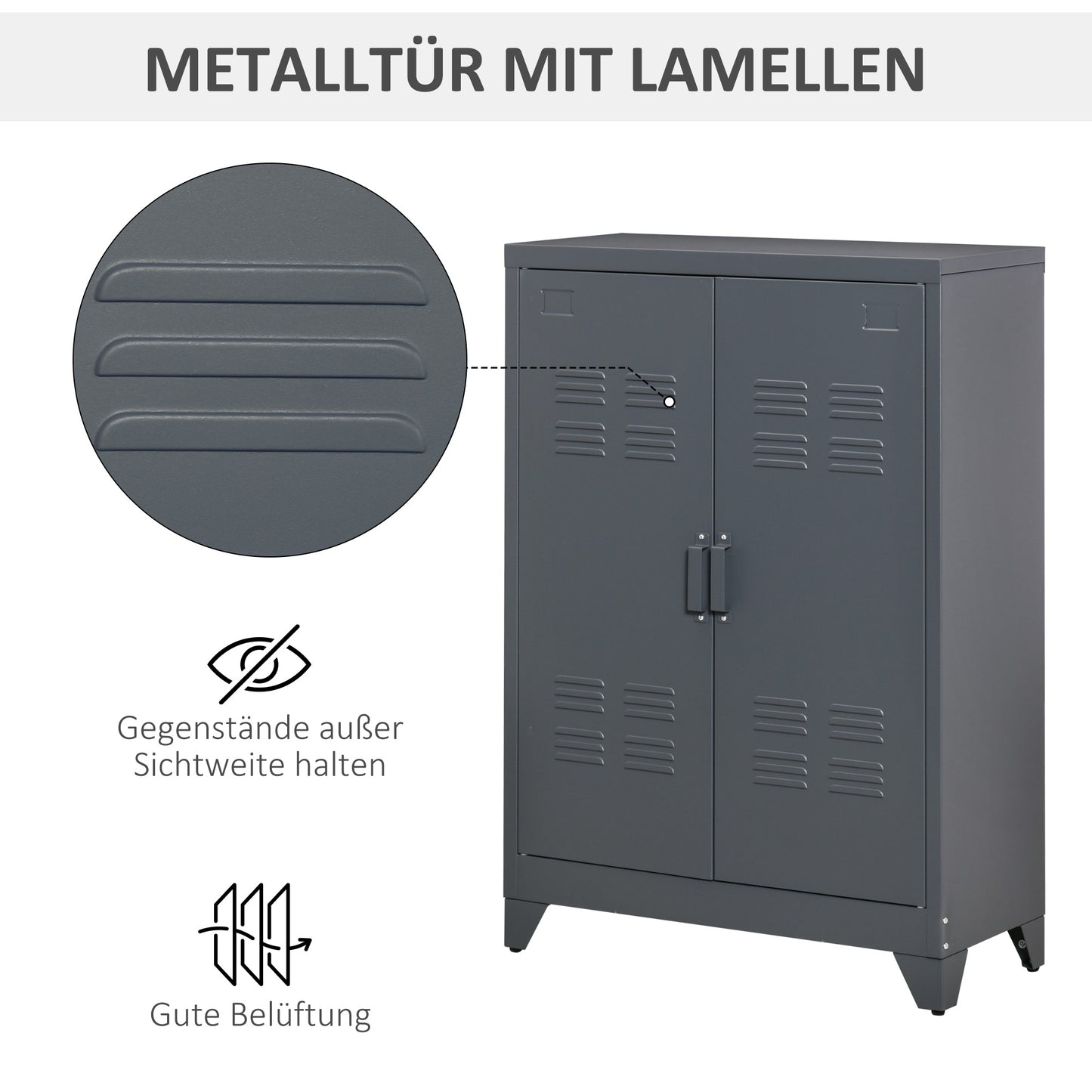HOMCOM Aktenschrank mit Lamellentüren, Lagerschrank, Metallschrank mit 2 verstellbaren Einlegeböden, 75 x 33 x 110 cm, Grau