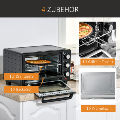 HOMCOM Minibackofen, 21 L Toasterofen mit 1 Drahtgestell und 1 Backblech, 3 Kochmodi, 100 °C-230 °C, Edelstahl, Glas, Schwarz