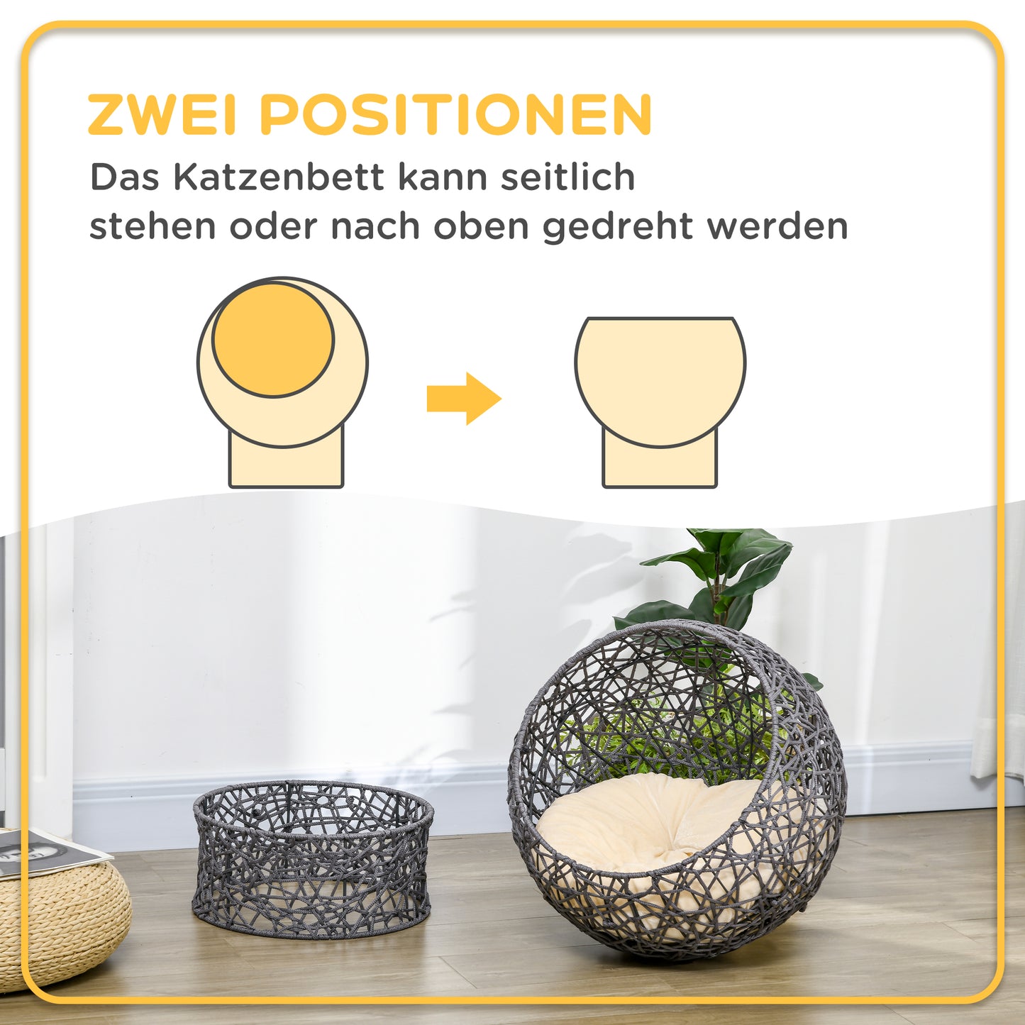 PawHut Katzenkorb, Katzenhöhle inkl. Kissen, 2-teilig, 50 cm x 50 cm x 60 cm, Cremeweiß + Anthrazit