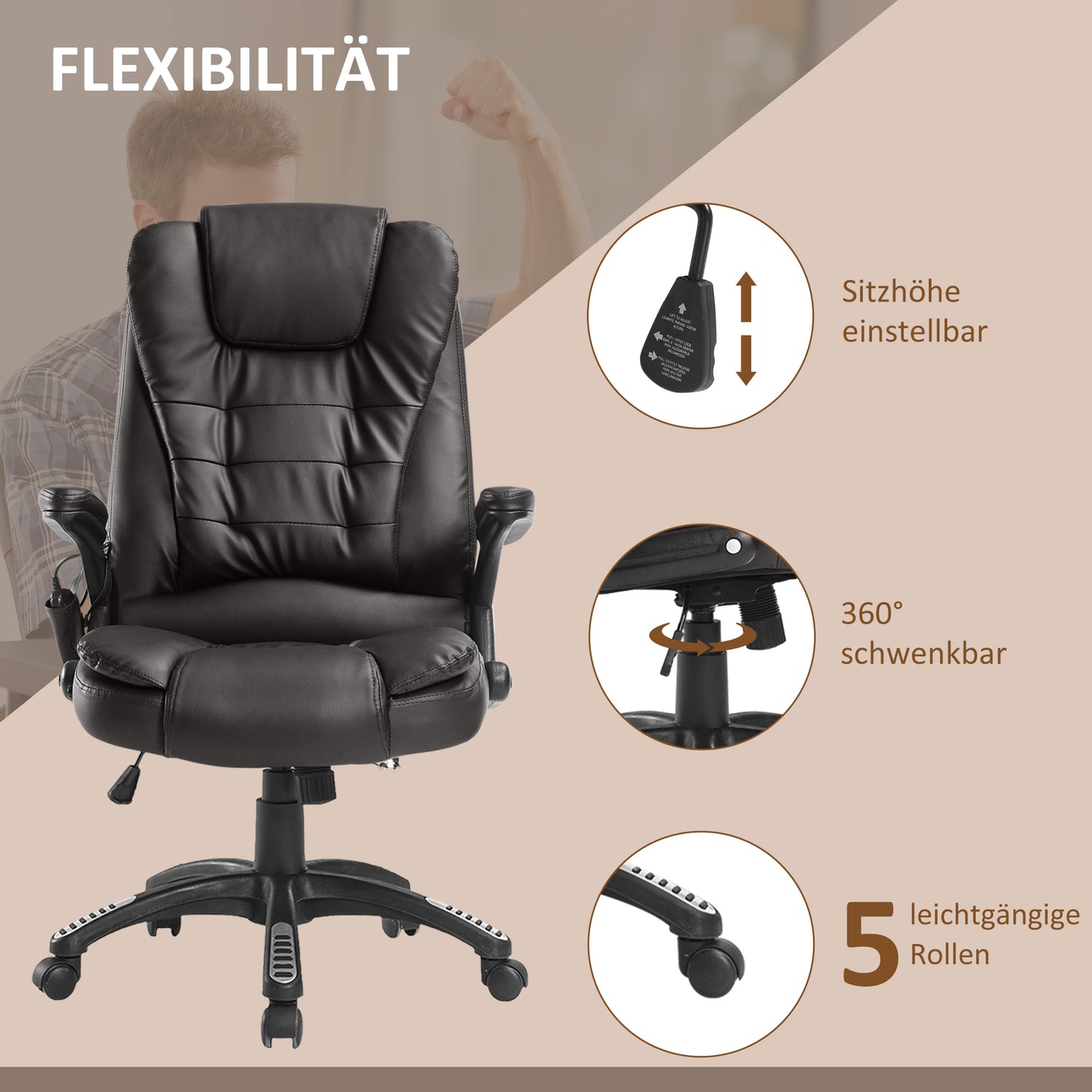 HOMCOM Bürostuhl mit Massagefunktion Ergonomischer Chefsessel mit Heizfunktion, Liegefunktion, Wippfunktion, Höhenverstellbar 360° Drehbar Schreibtischstuhl, Kunstleder, Braun