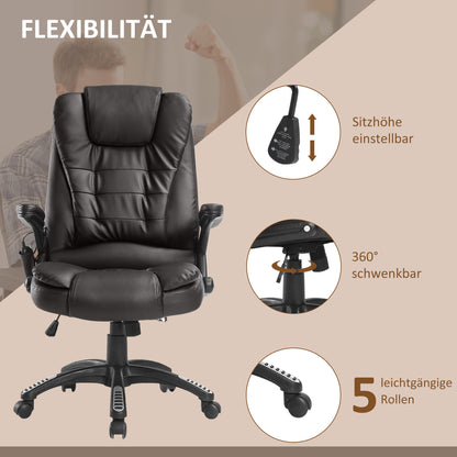 HOMCOM Bürostuhl mit Massagefunktion Ergonomischer Chefsessel mit Heizfunktion, Liegefunktion, Wippfunktion, Höhenverstellbar 360° Drehbar Schreibtischstuhl, Kunstleder, Braun