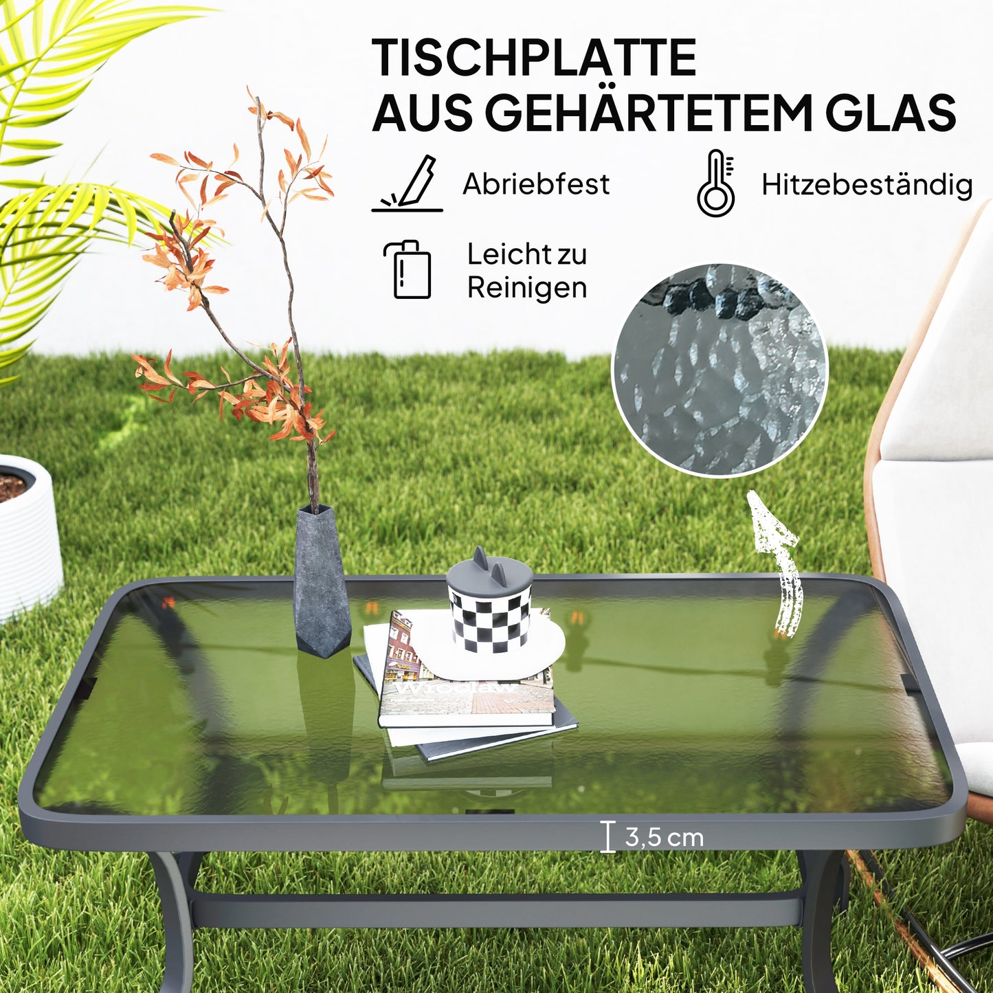 Outsunny Beistelltisch Hartglas Kaffeetisch Couchtisch mit Wellendesign, Abgerundete Ecke Balkontisch 95x55 cm Schwarz