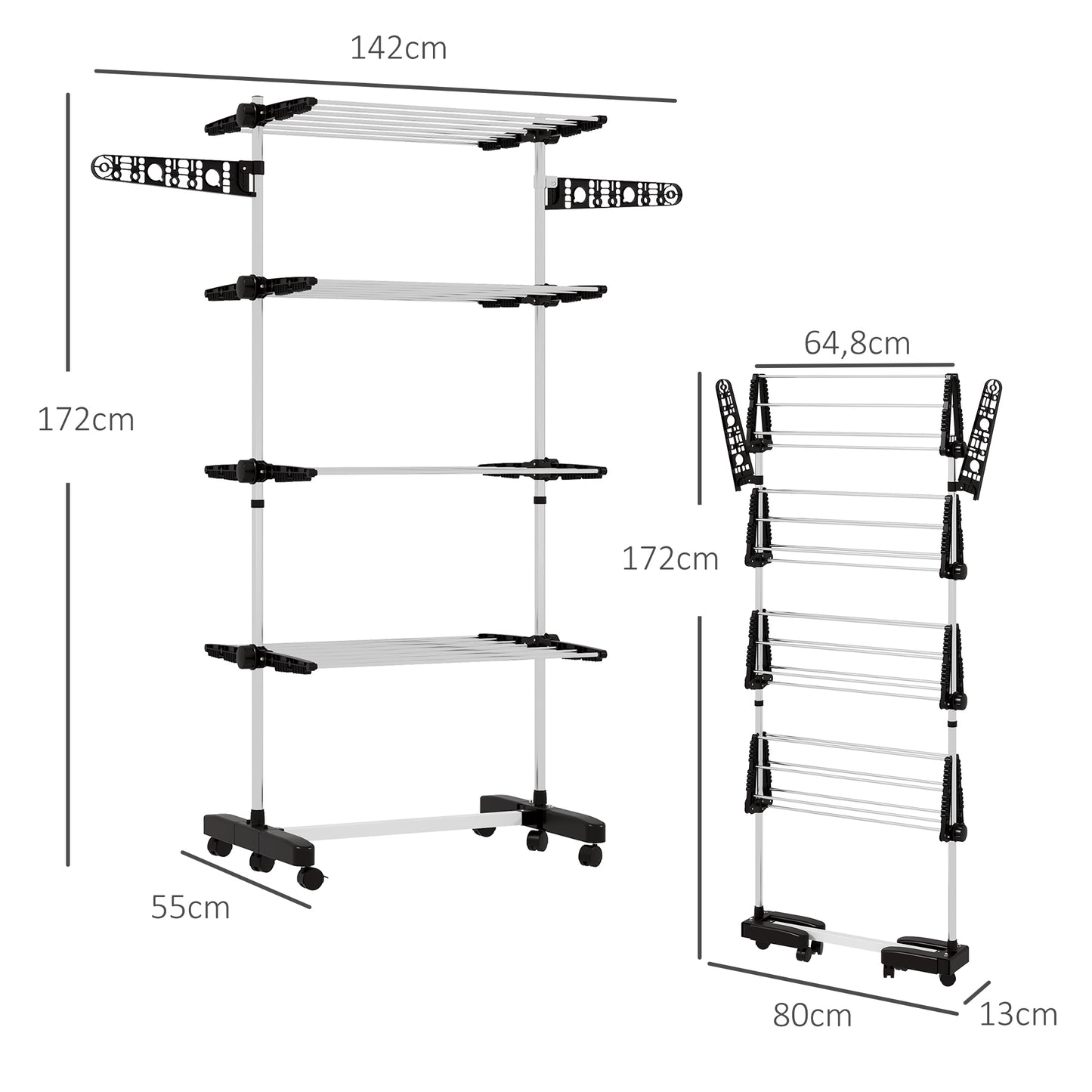 HOMCOM Wäschenständer Wäschetrockner 5 Ebenen, klappbar, One-Klick-System, 142 cm x 55 cm x1 72 cm, Schwarz + Silber