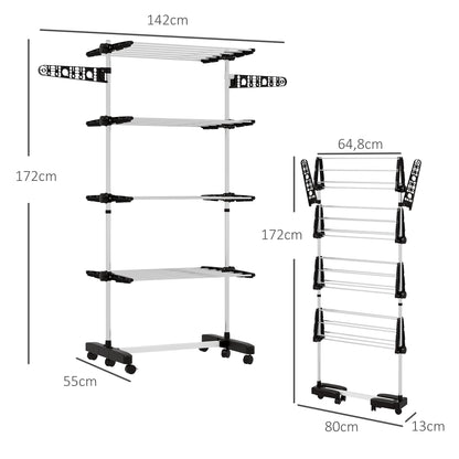 HOMCOM Wäschenständer Wäschetrockner 5 Ebenen, klappbar, One-Klick-System, 142 cm x 55 cm x1 72 cm, Schwarz + Silber