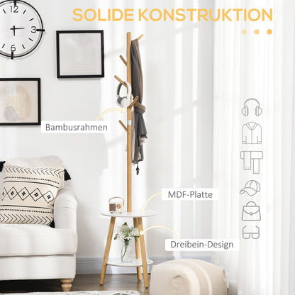 HOMCOM Garderobenständer mit Beistelltisch im Skandi-Design, 5 Kleiderhaken, 39, 5 cm x 39,5 cm x 171 cm, Natur + Weiß