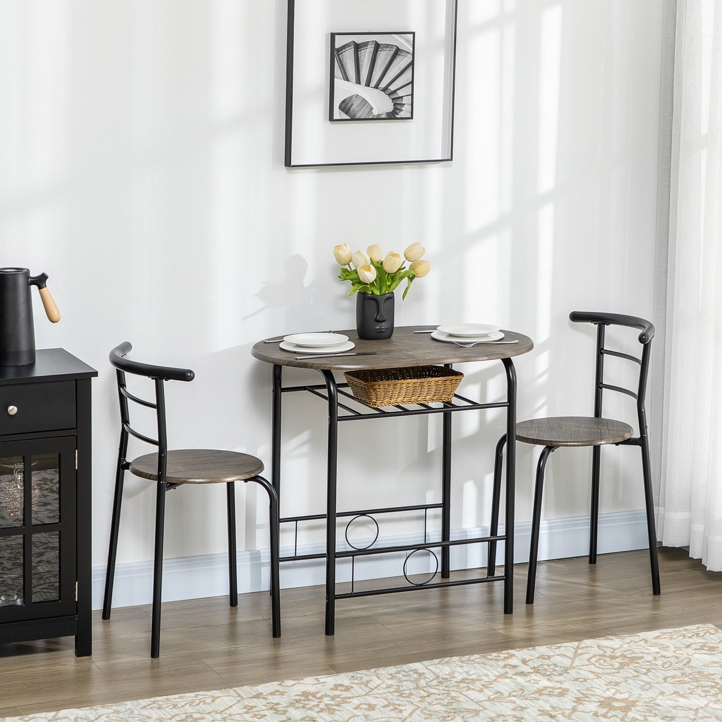 HOMCOM Bistro-Set Esstisch Küchentisch mit Stühlen Set, 1 Tisch, 2 Stühle, 80 cm x 53 cm x 74,5 cm, Schwarz