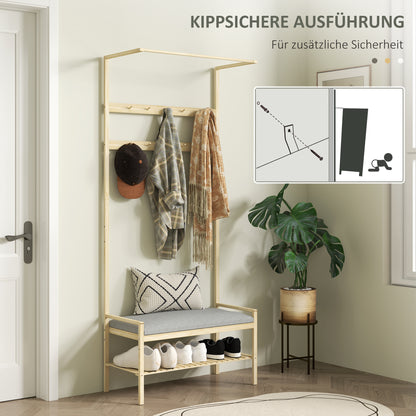 HOMCOM Garderobe mit Schuhbank, Kleiderstange, 10 Kleiderhaken, Schuhablage, Bambus