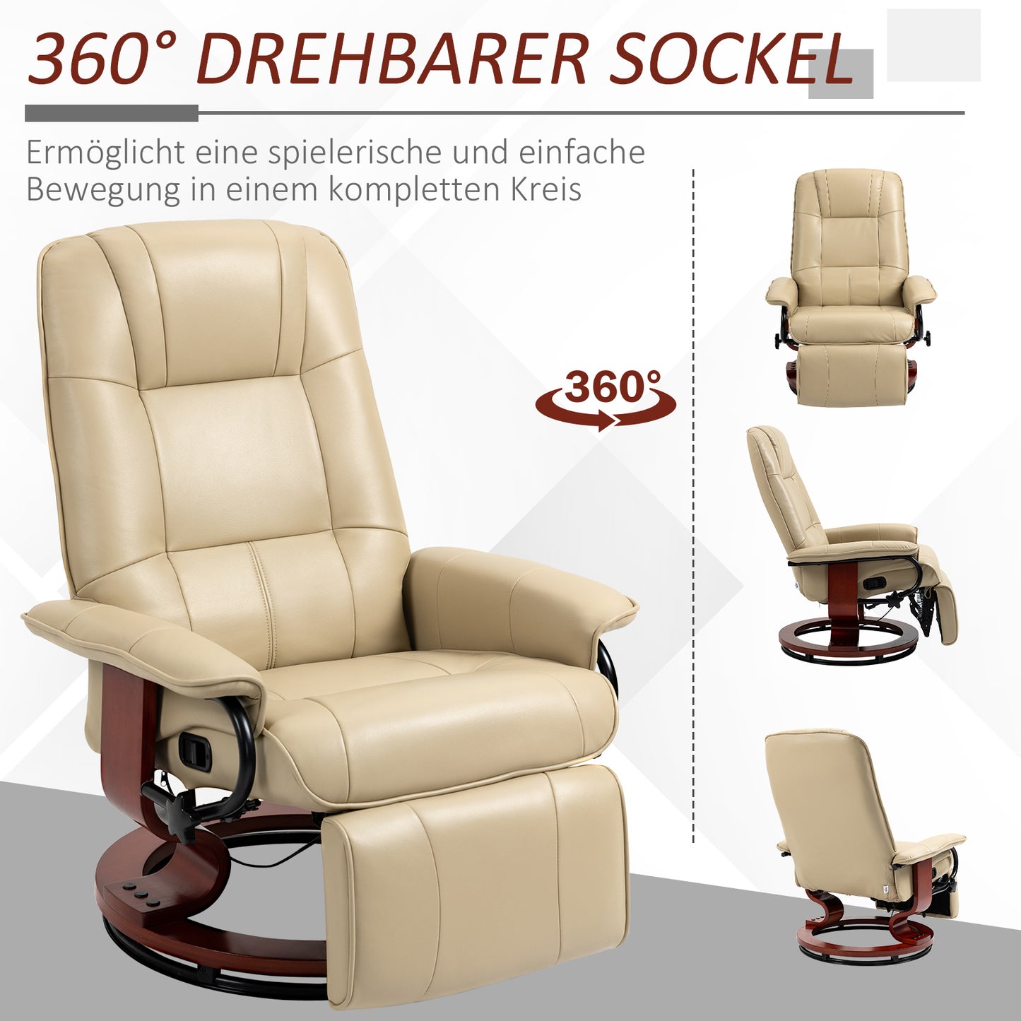 HOMCOM Relaxsessel, verstellbar, Liegefunktion, bis 120 kg, Kunstleder, 78 x 87 x 100 cm, Creme