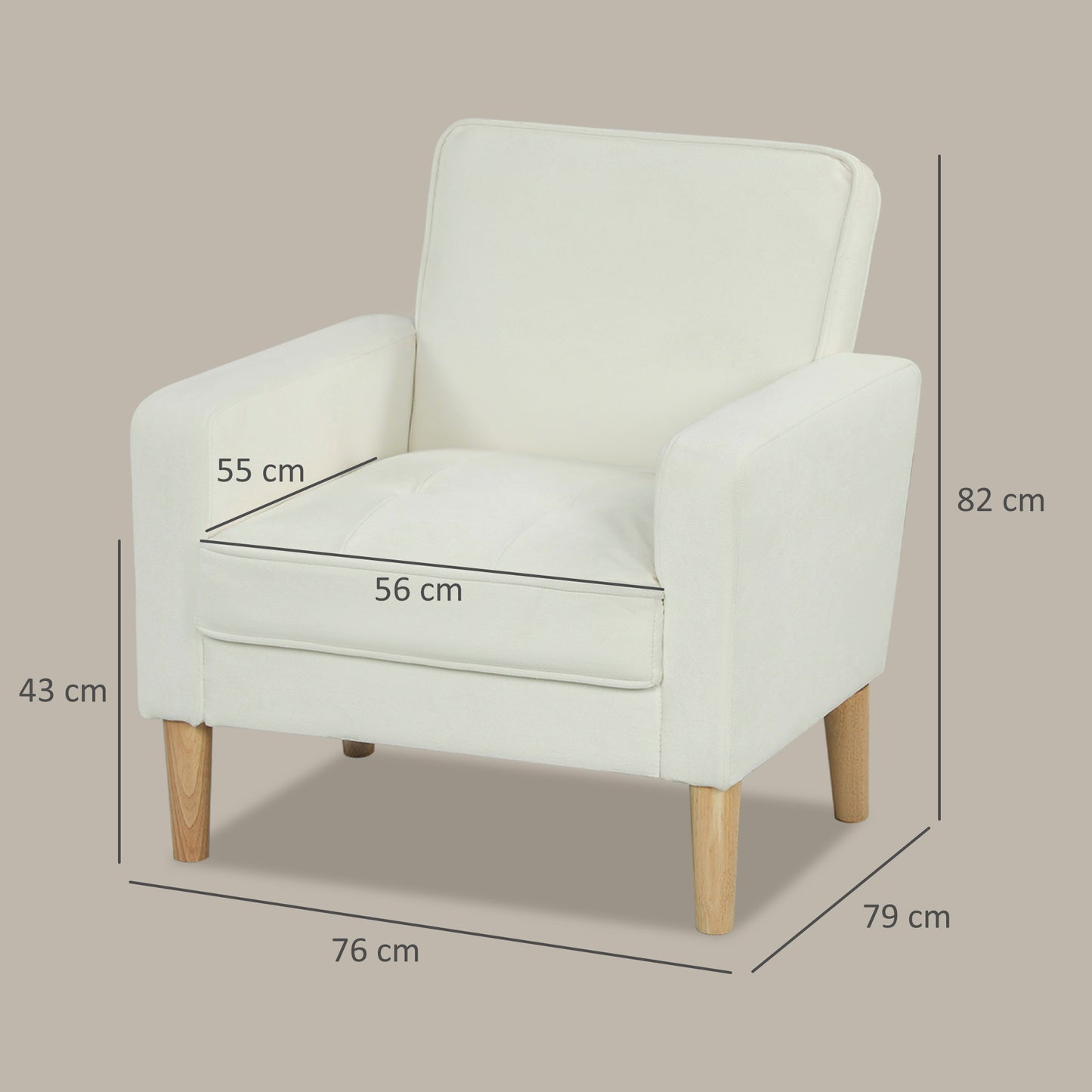 HOMCOM Polstersessel mit Armlehnen, neigbare Rückenlehne, Kautschukholzbeine, Cremeweiß