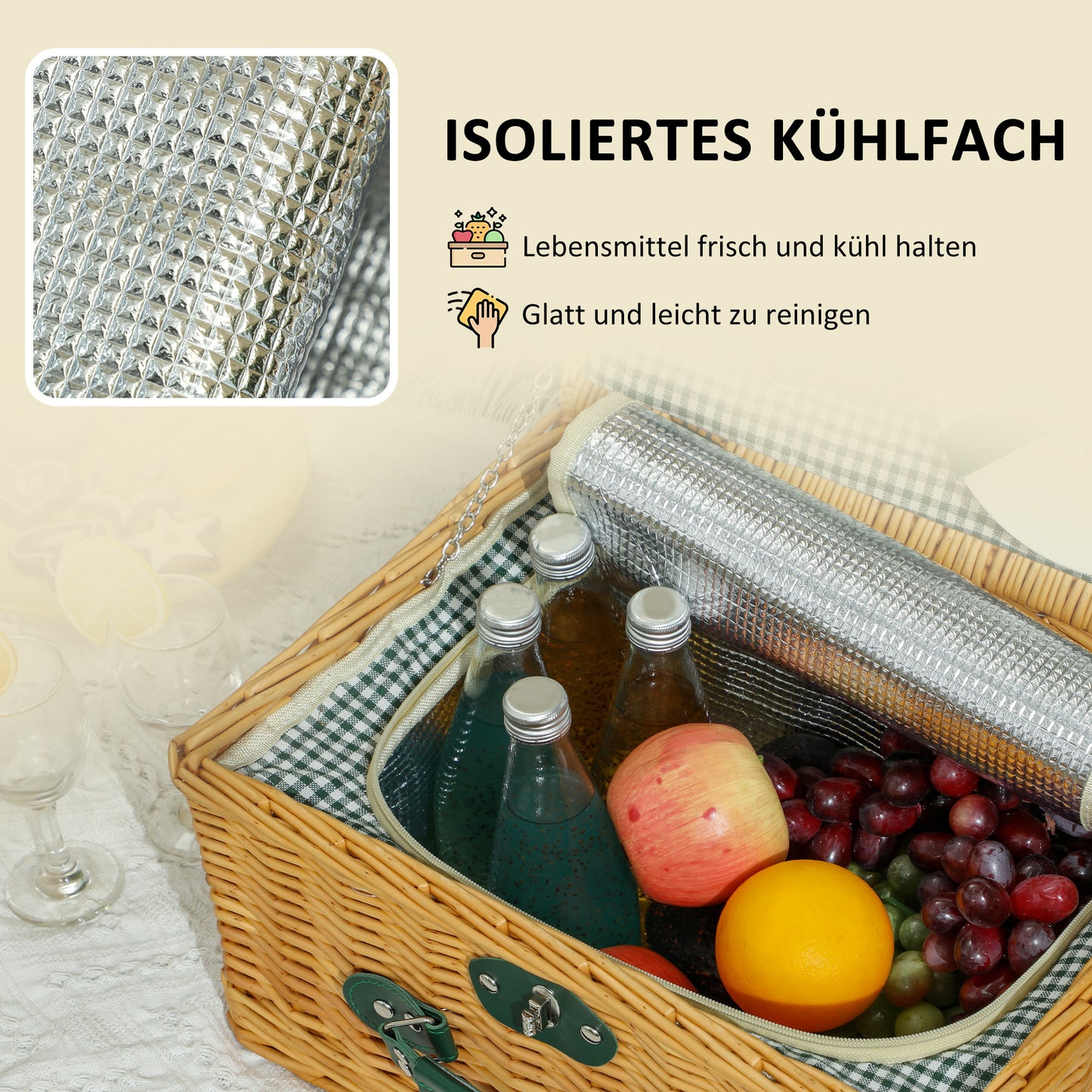 Outsunny Picknickkorb från Weidenholz Picknickkoffer för 2 Personen mit Isoliert Kühlfach Besteck Set Hellbraun