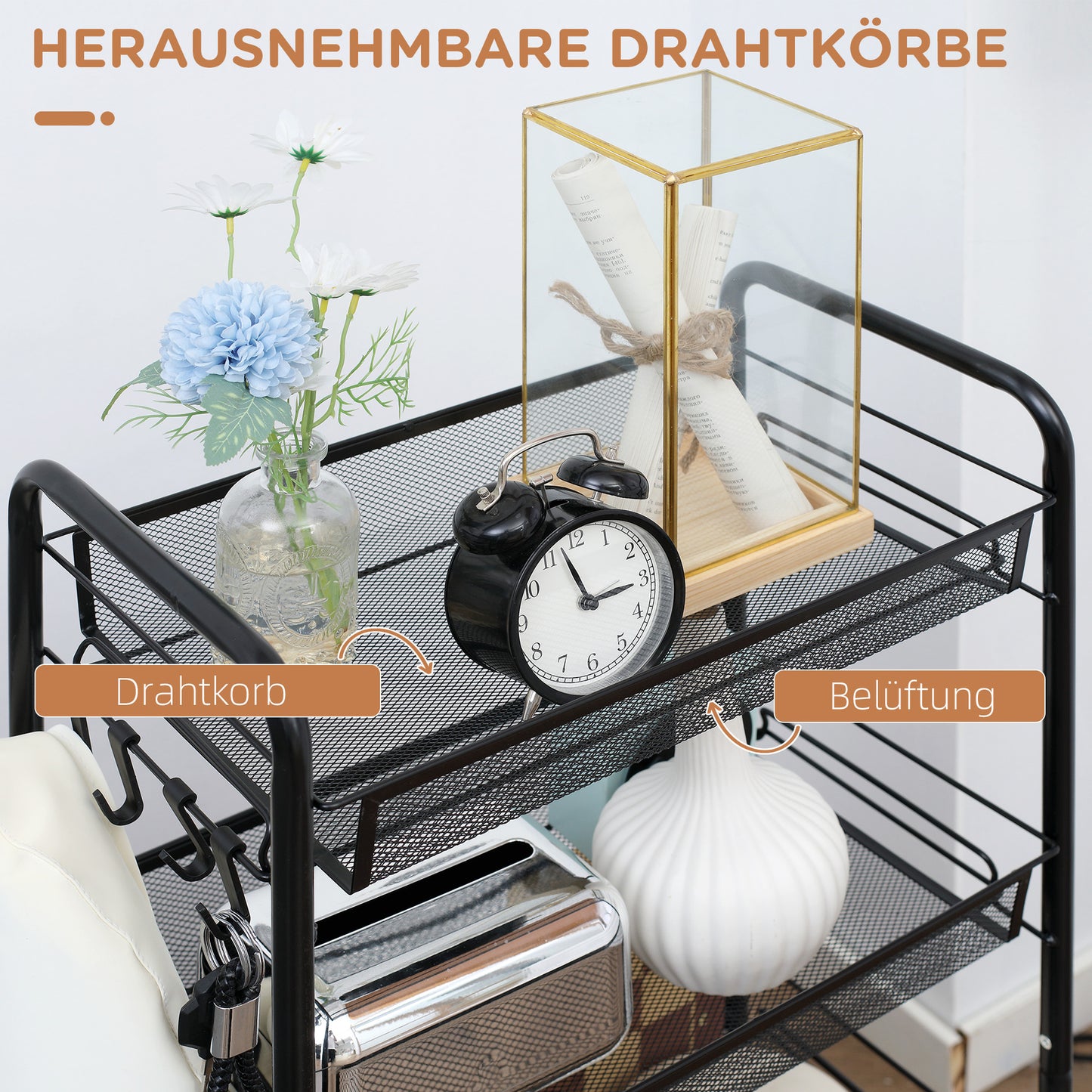 HOMCOM Rollwagen mit 4 Hängekörben, Servierwagen auf Rollen, fahrbar, abnehmbare Haken, Stahl, 45 x 26,5 x 84 cm, Schwarz