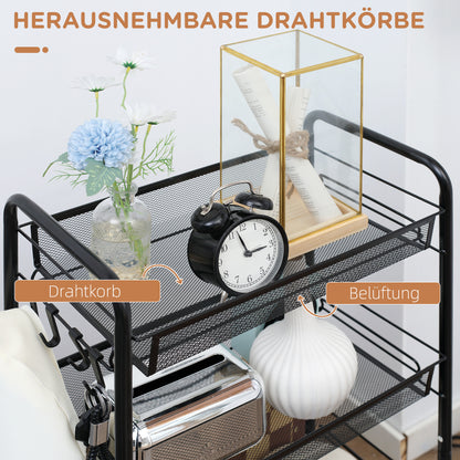 HOMCOM Rollwagen mit 4 Hängekörben, Servierwagen auf Rollen, fahrbar, abnehmbare Haken, Stahl, 45 x 26,5 x 84 cm, Schwarz