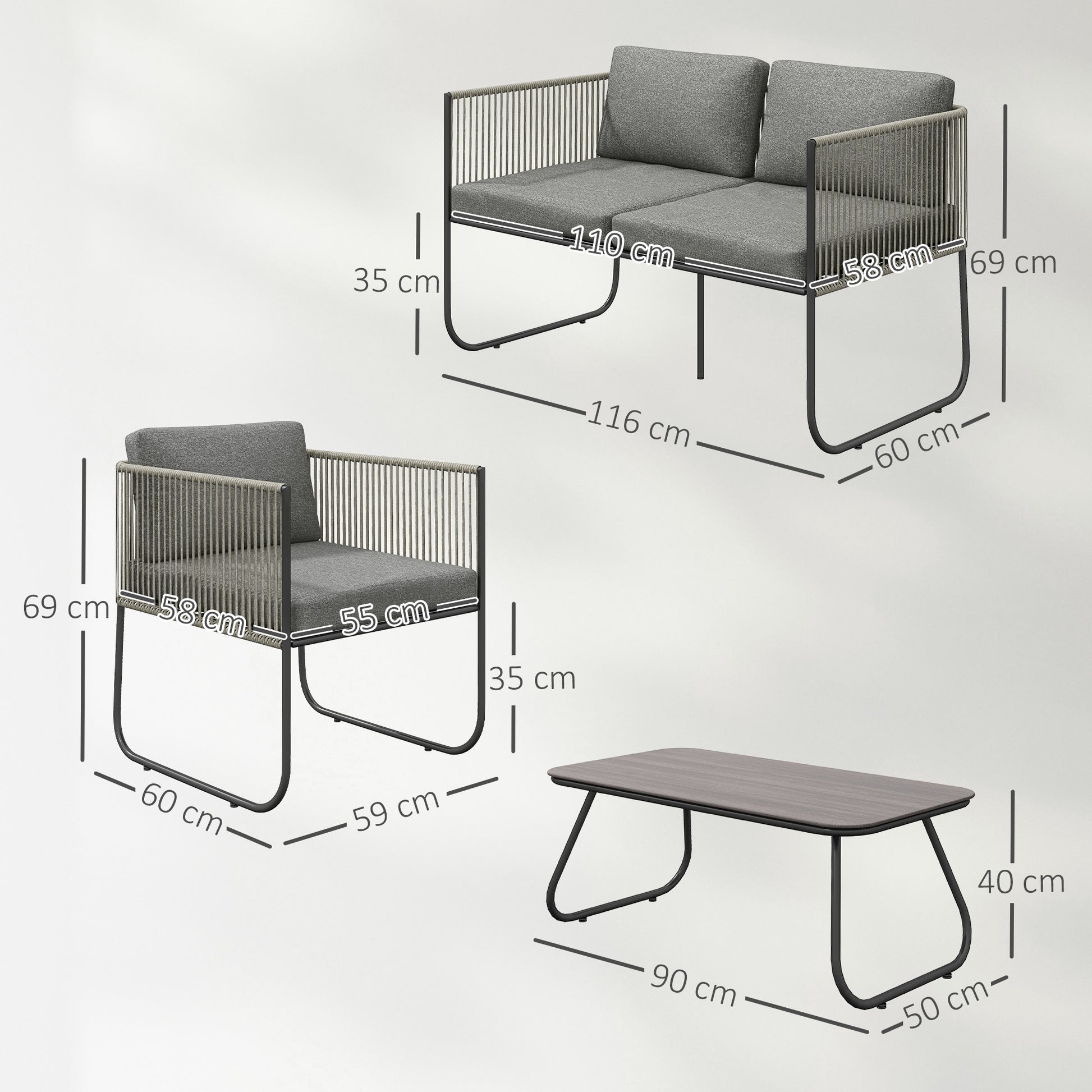 Outsunny Gartenmöbel Set aus Polyrattan Lounge-Set mit Sofa Sessel Tisch Kissen wetterfest 116 x 60 x 69 cm Braun+Dunkelgrau