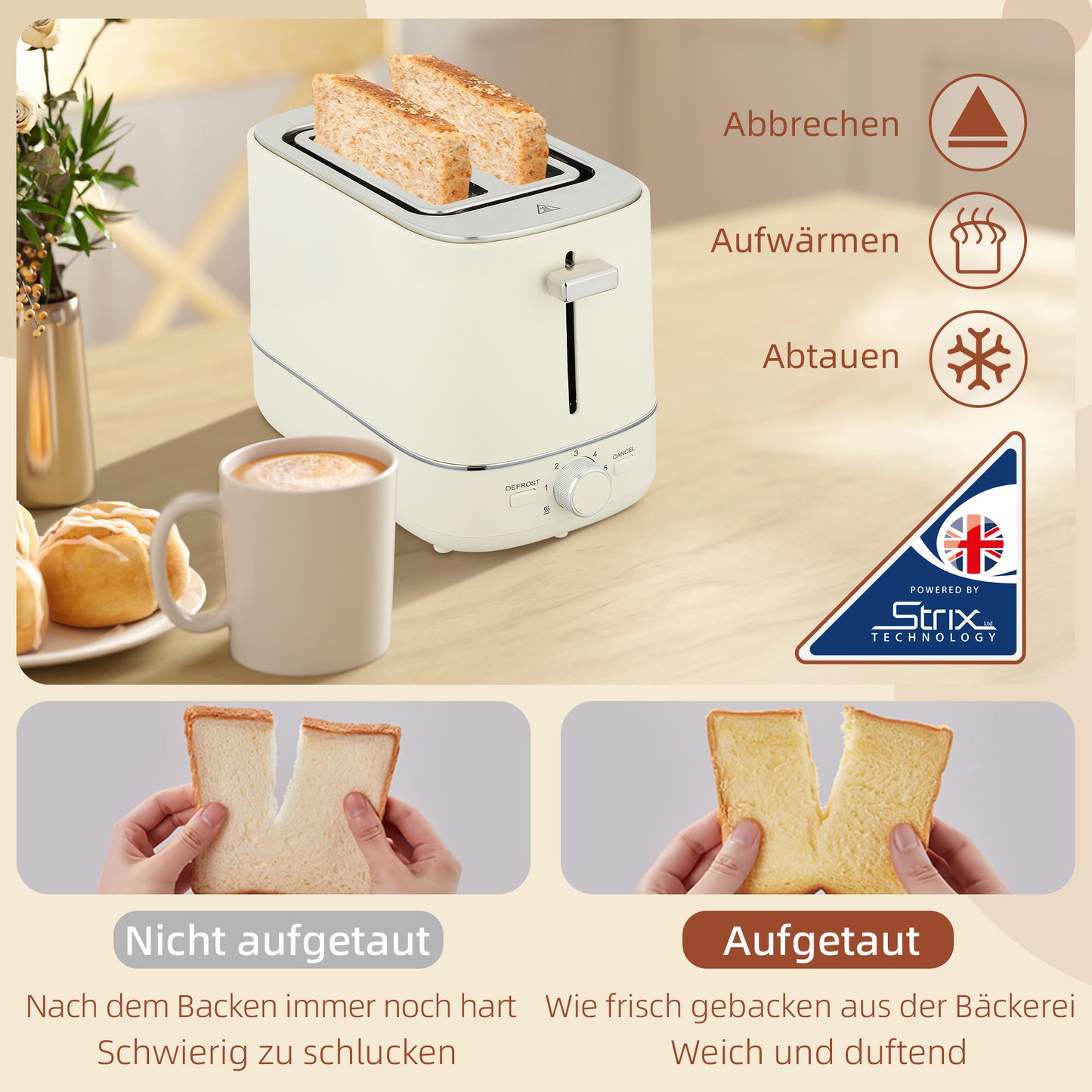 HOMCOM Set aus 1,7 L Wasserkocher und Toaster mit 6 Bräunungsstufen, Beige