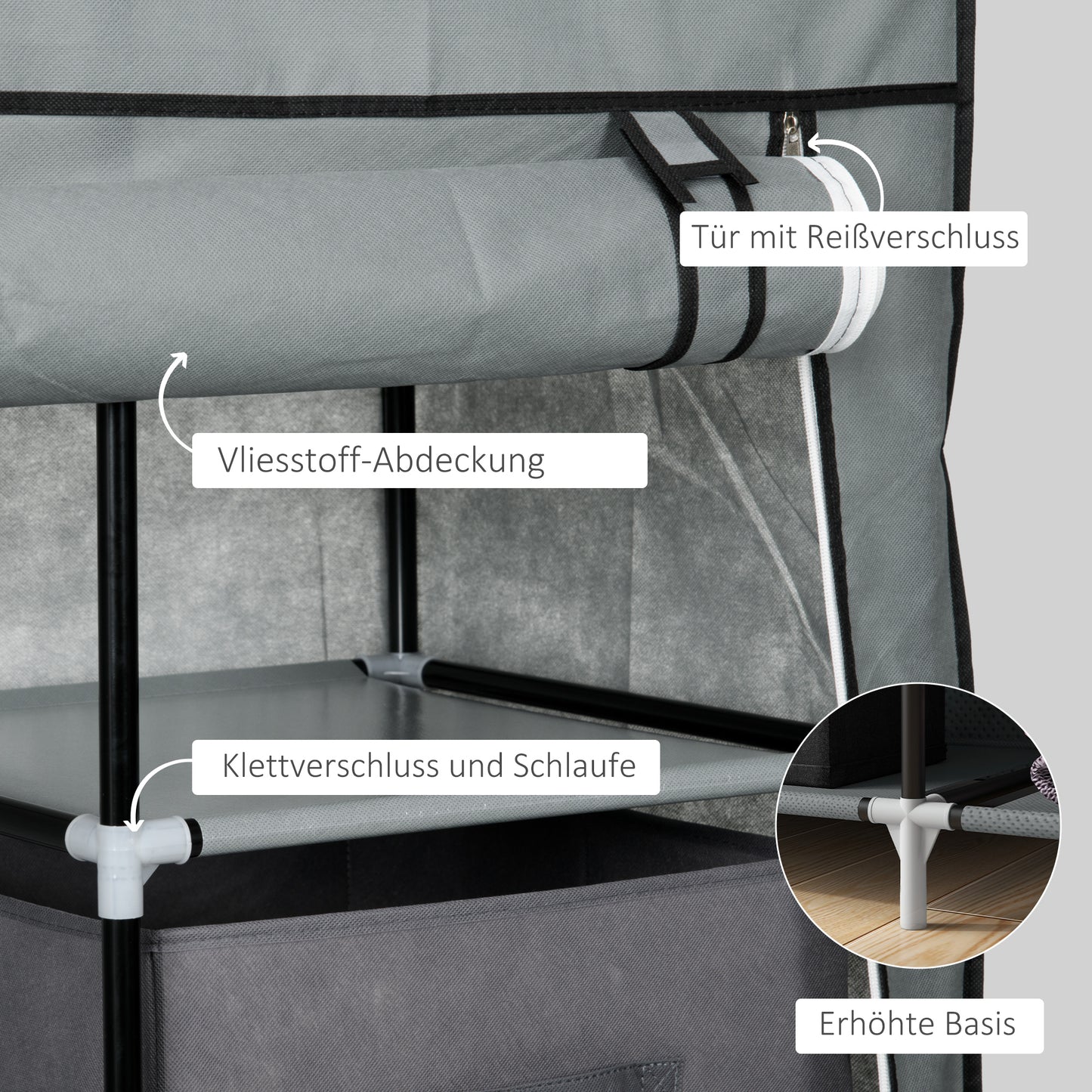 HOMCOM Stoffschrank Kleiderschrank faltbarer Schrank, 1 Kleiderstange, 6 Regalböden, 102 x 42.5 x 162.5 cm, Grau