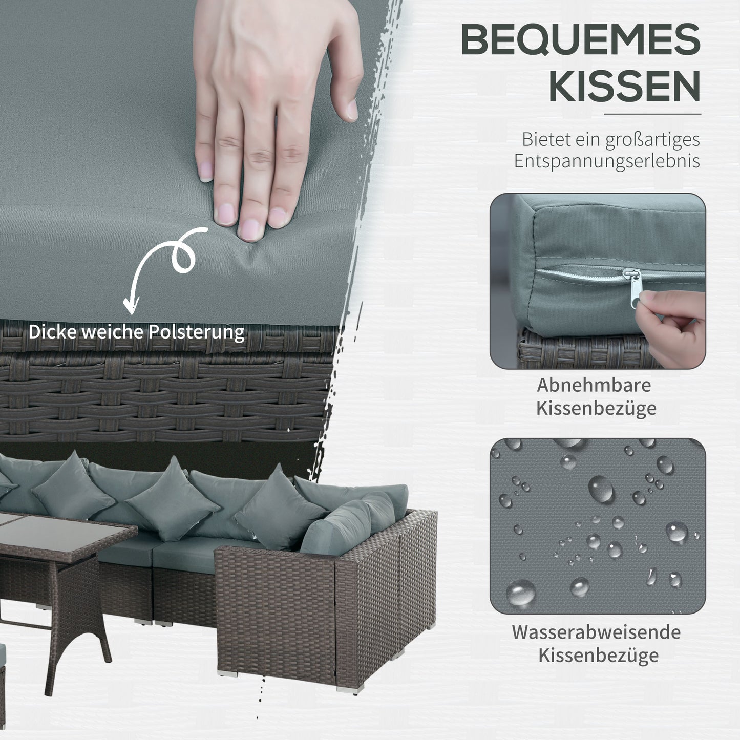Outsunny 10-tlg. Gartengarnitur in Rattanoptik, mit Sitz- und Rückenkissen, rostfreier Metallrahmen, dunkelgrau