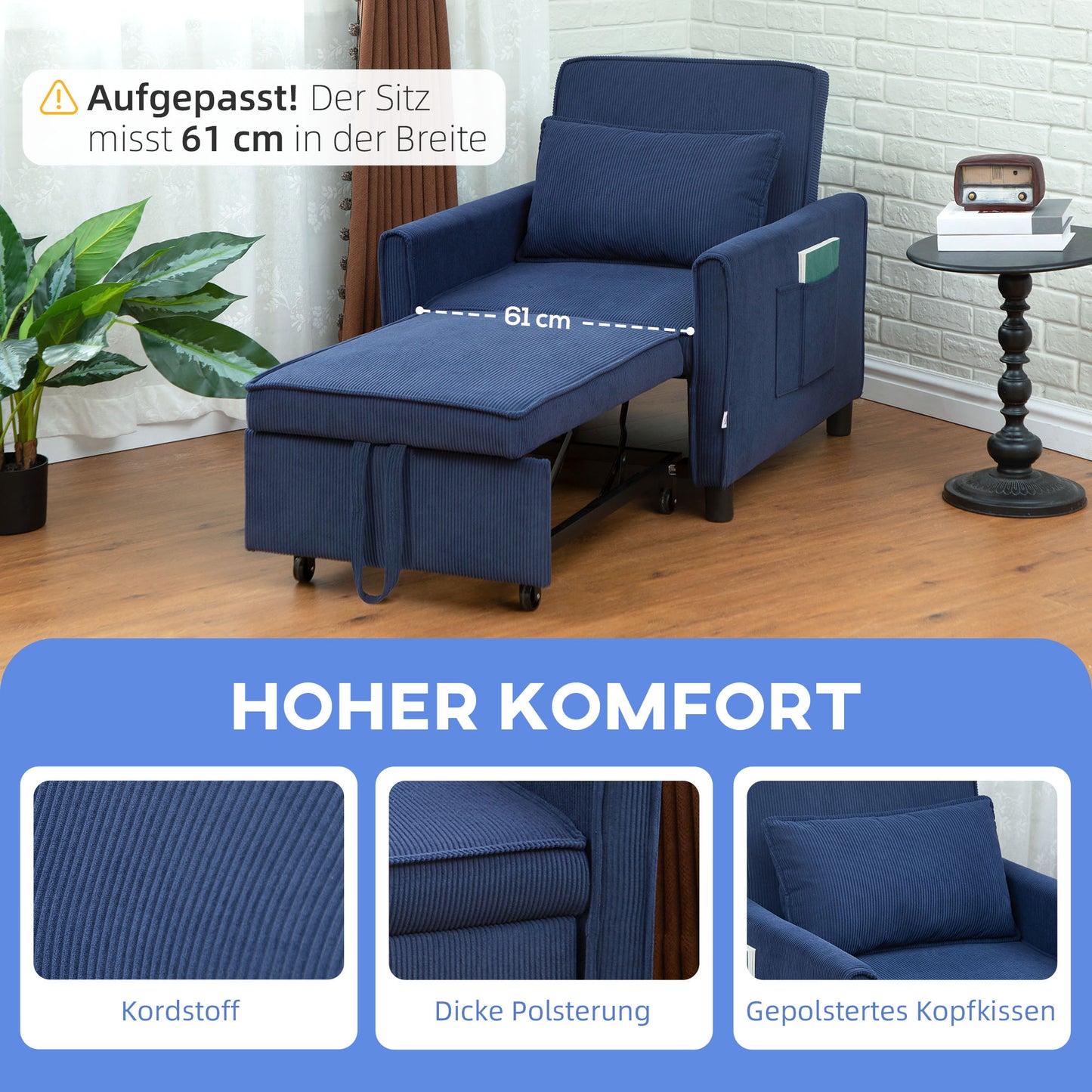 HOMCOM Schlafsessel, verstellbar, 3 Positionen, Cordbezug, bis 120 kg, Blau