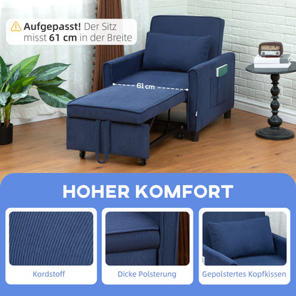 HOMCOM Schlafsessel, verstellbar, 3 Positionen, Cordbezug, bis 120 kg, Blau