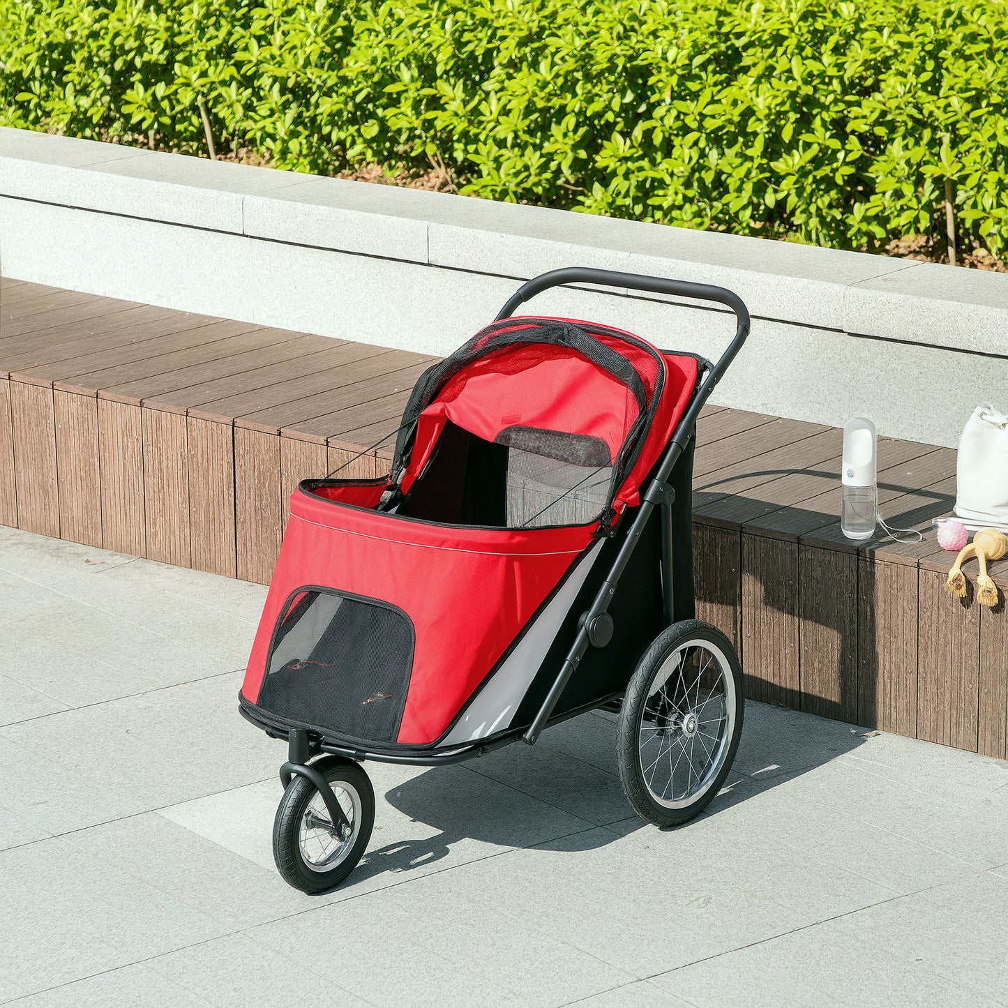 PawHut Hundebuggy, faltbar, aufklappbar, Liegekissen, Stahlrahmen, Rot/Schwarz