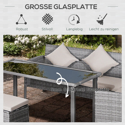 Outsunny 5-tlg. Gartenmöbel Set, Rattan Sitzgruppe mit Fußhocker, Metall, Grau, 142 x 60 x 75 cm