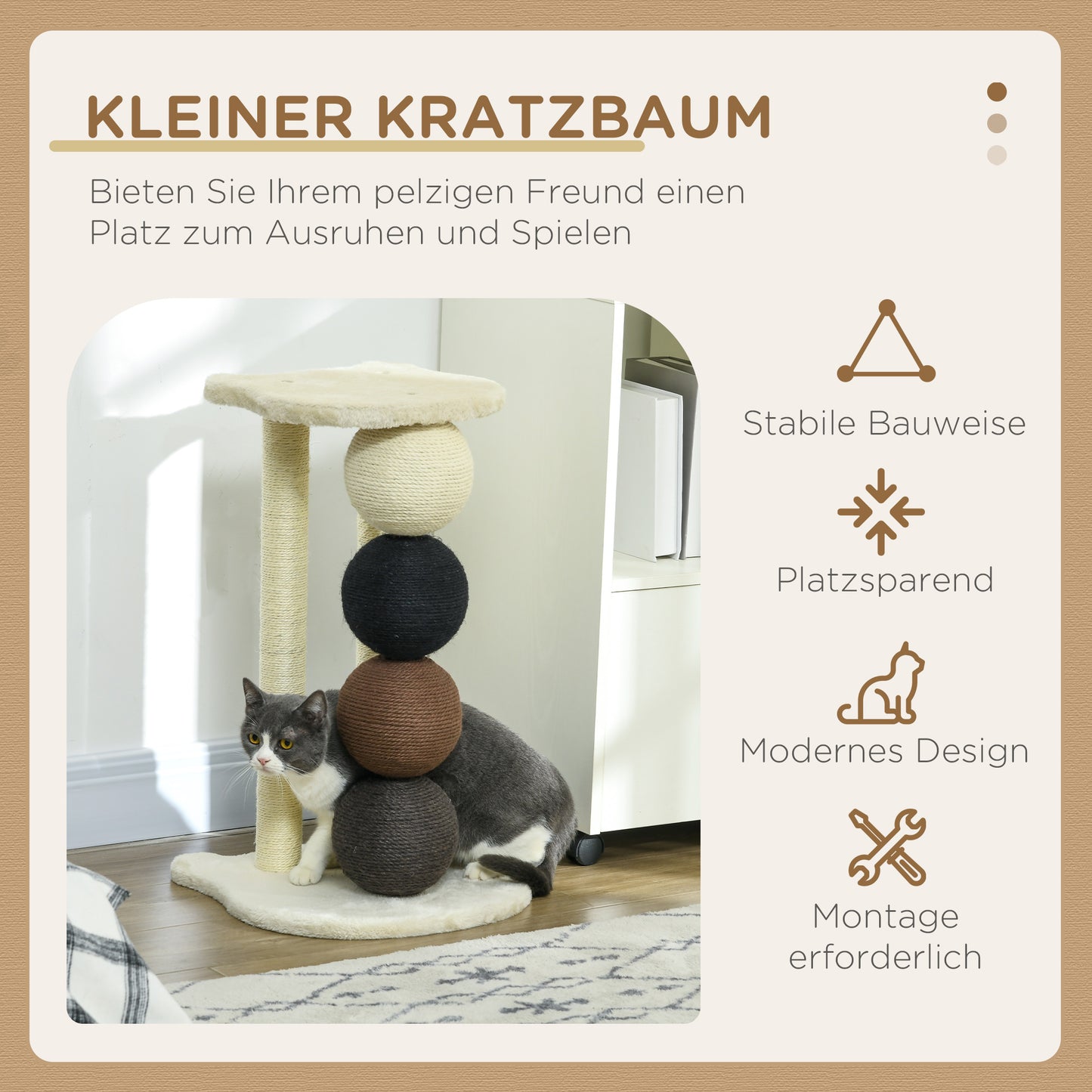 PawHut Kratzsäule für Katzen, Katzenkratzbaum Kratzbaum mit Plattform, Kratzstamm mit 2 Sisalpfosten und 4 Sisalbällen, Katzenkratzer Spielzeug, 38 x 38 x 64 cm